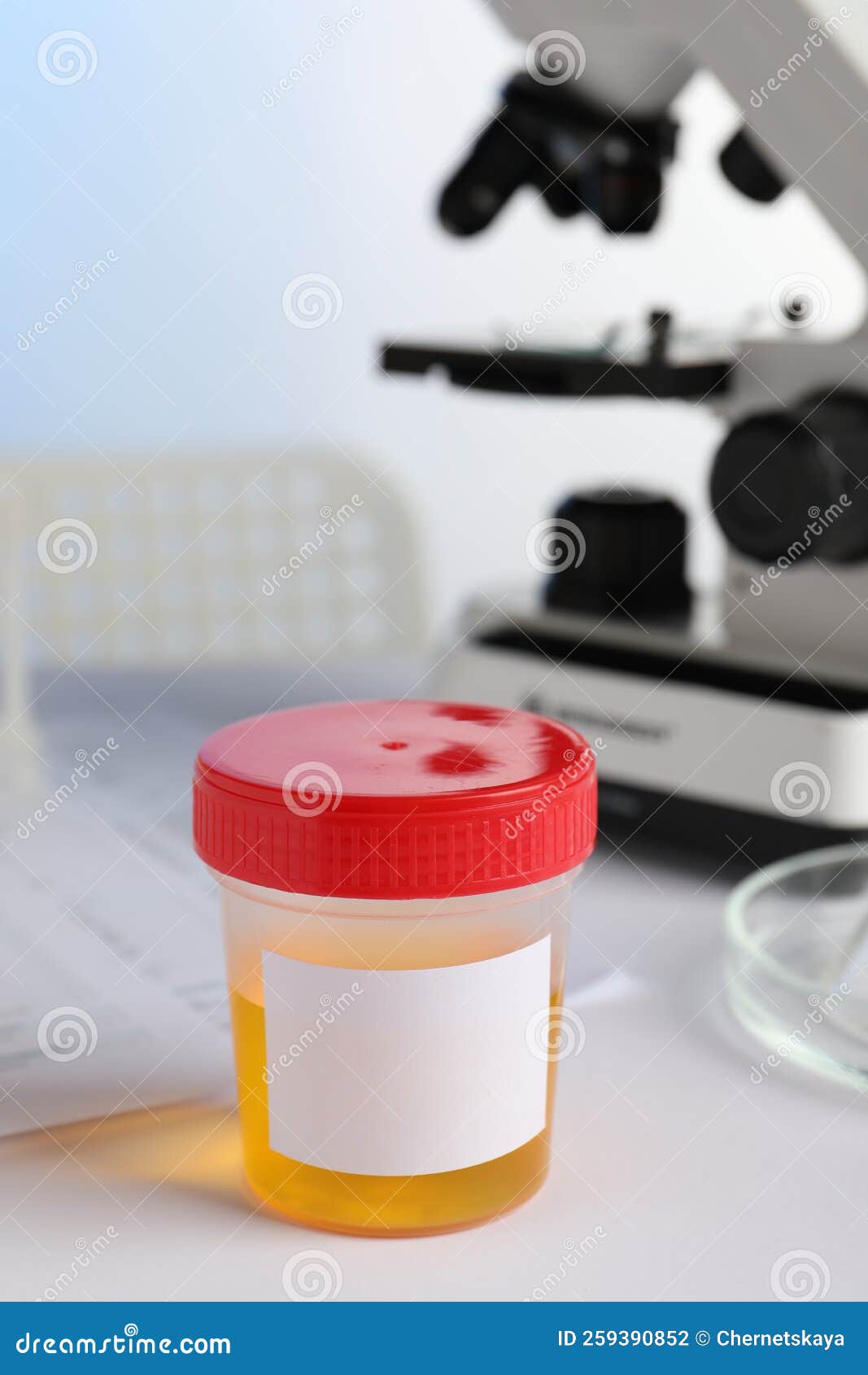 Container with Urine Sample for Analysis on White Table in Laboratory