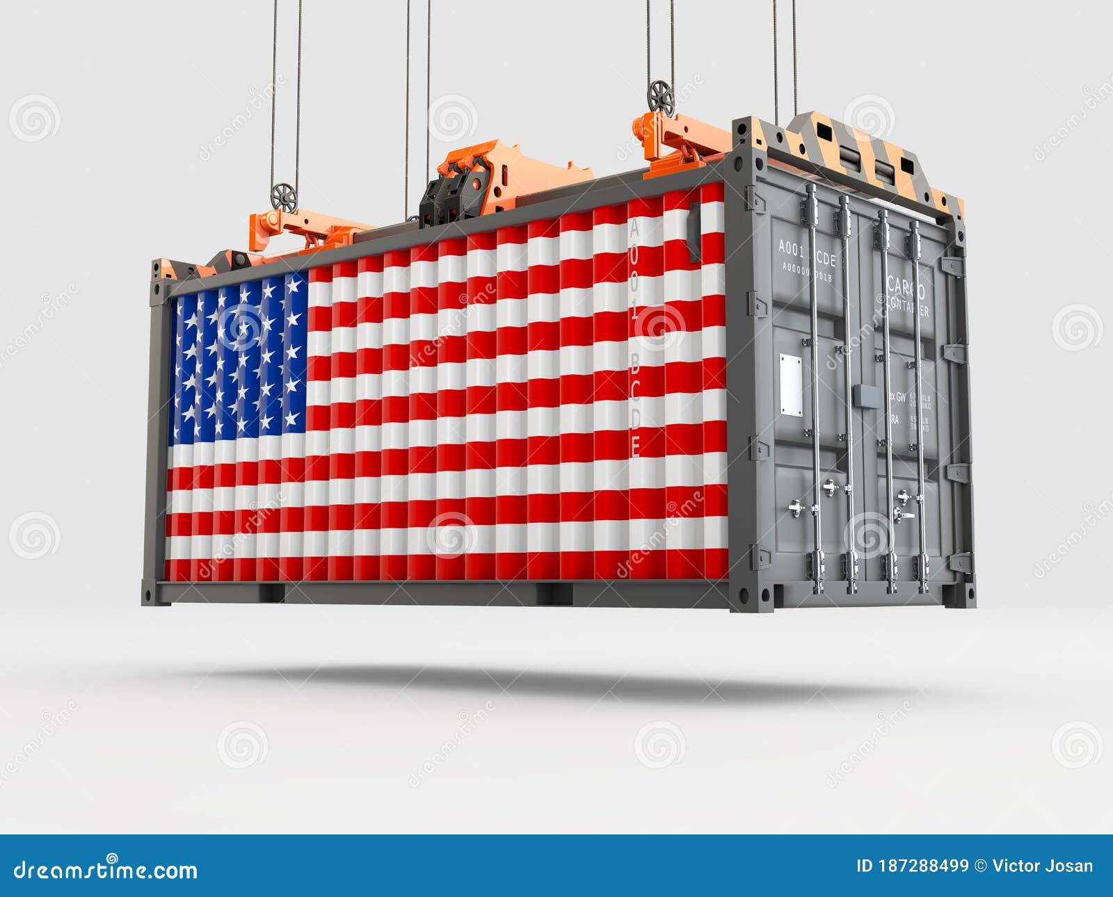 container with usa flag and crane hook. 3d rendering