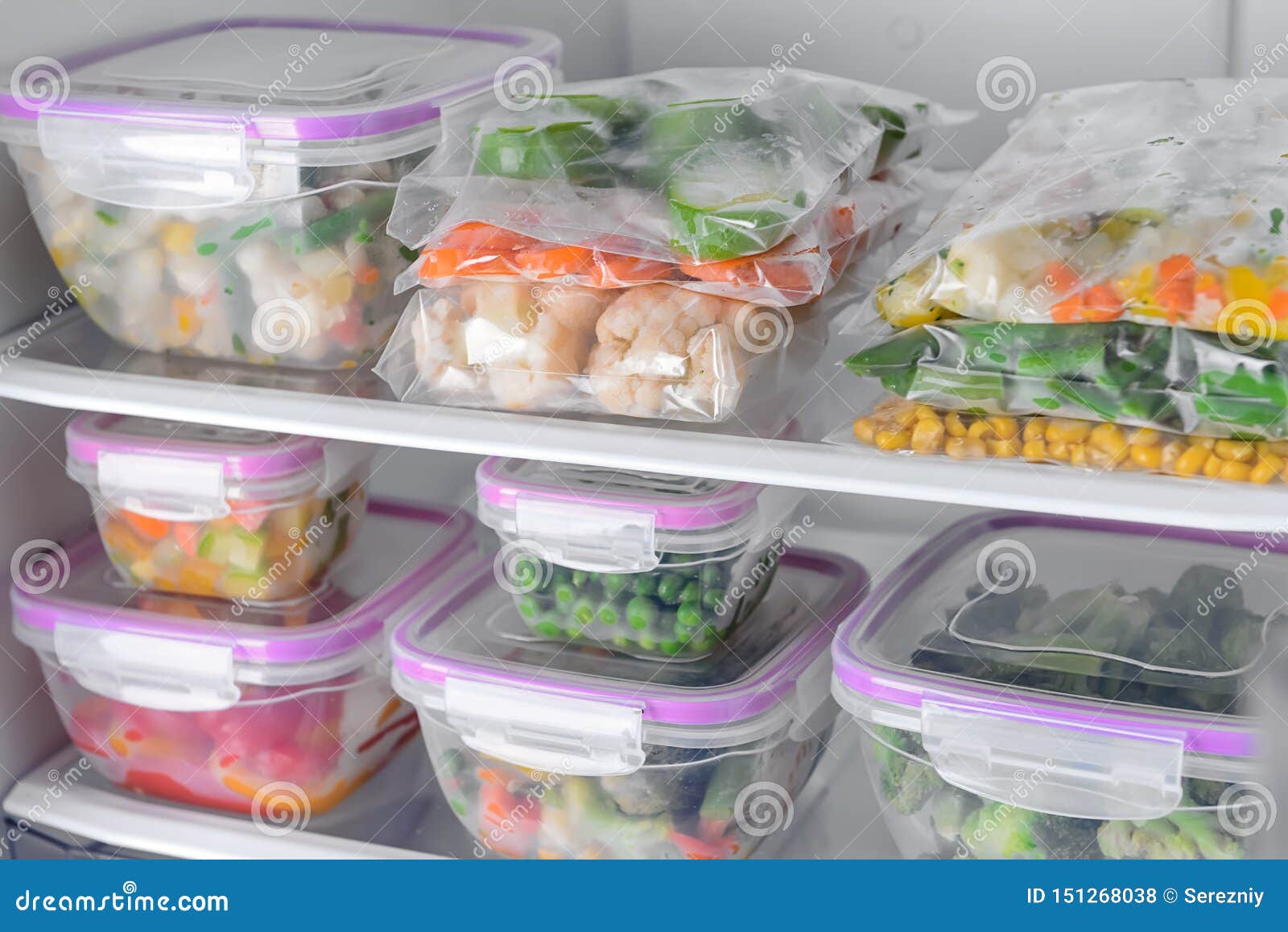 Containers and Plastic Bags with Frozen Vegetables in Refrigerator