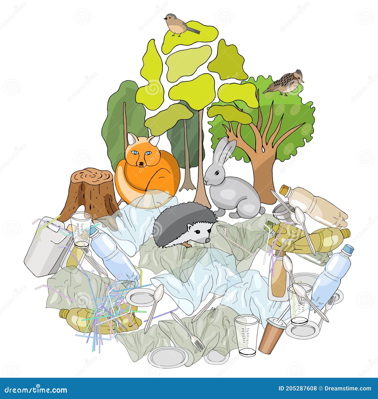 Contaminación Del Medio Ambiente. Bote De Basura Completo. Basura Y  Desechos En Los Bosques En La Vida Silvestre Stock de ilustración -  Ilustración de campo, basura: 205287608