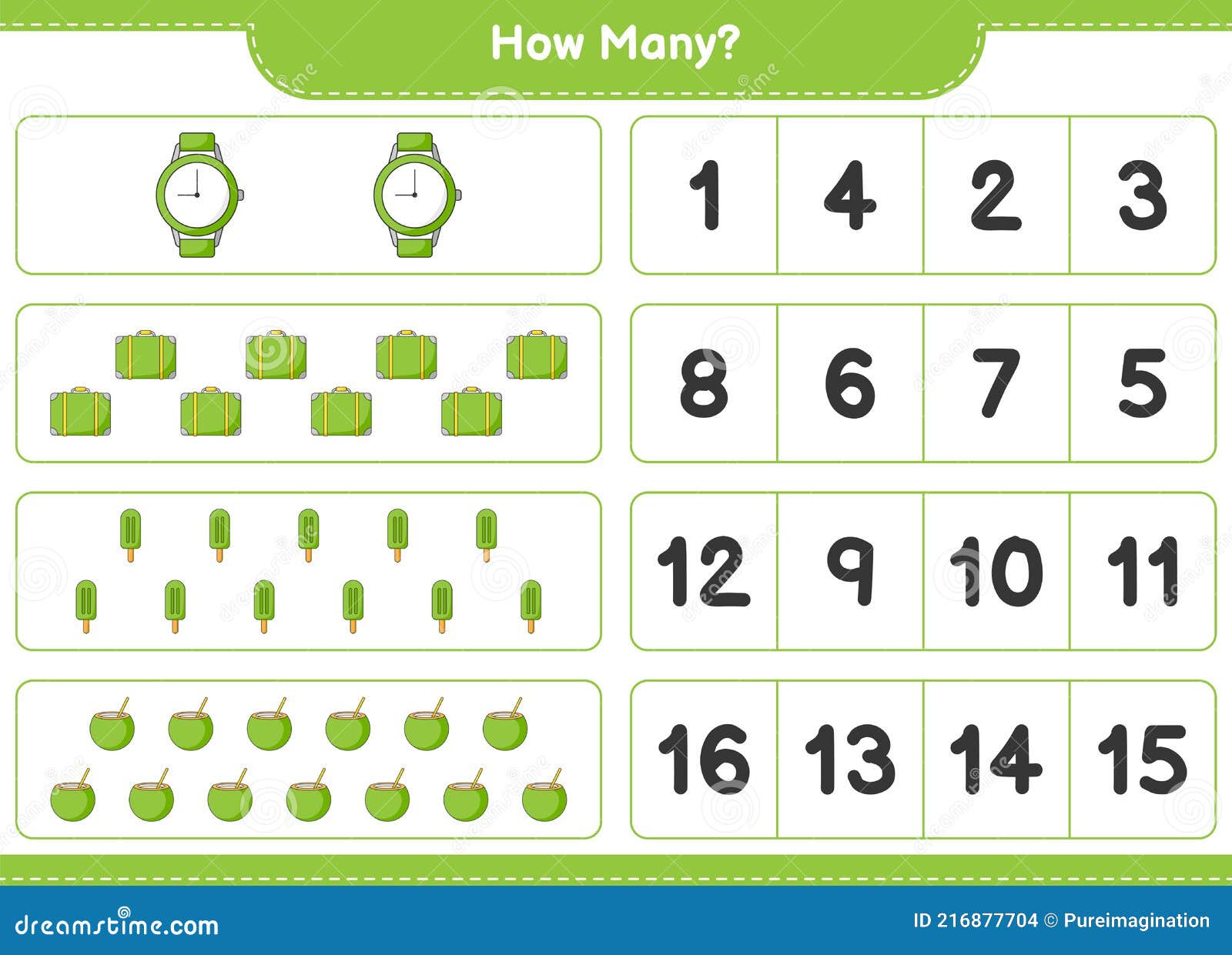 Contando O Jogo Quantos Sorvetes De Coco De Bagagem E Relógios. Vetor De  Planilha Imprimível Para Jogos De Crianças Educacionais Ilustração do Vetor  - Ilustração de kindergarten, enigma: 216877704