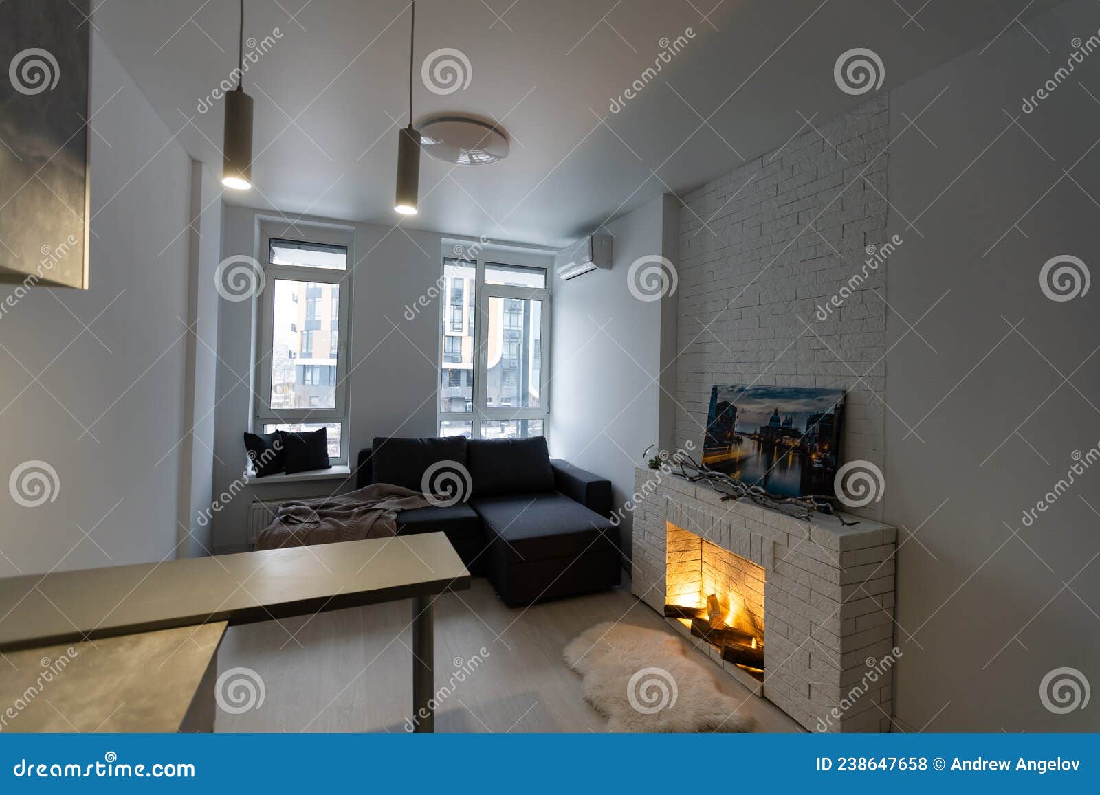 Contemporary Apartment with Open Kitchen and Living Room Stock Photo