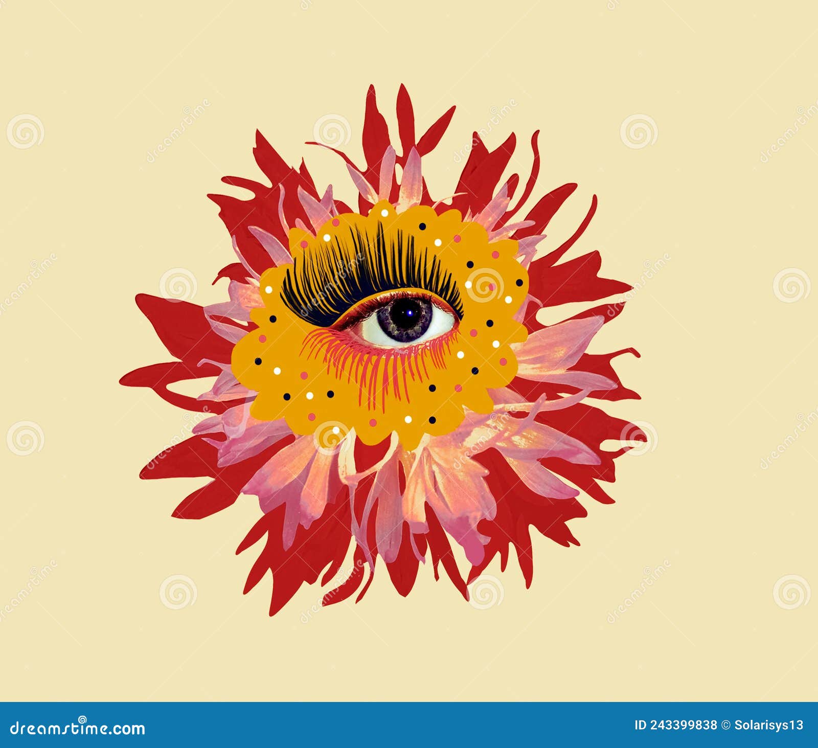 contemporary art collage. eyeball in flower. modern conceptual art poster with a lotus with beautiful blue eye in a mas