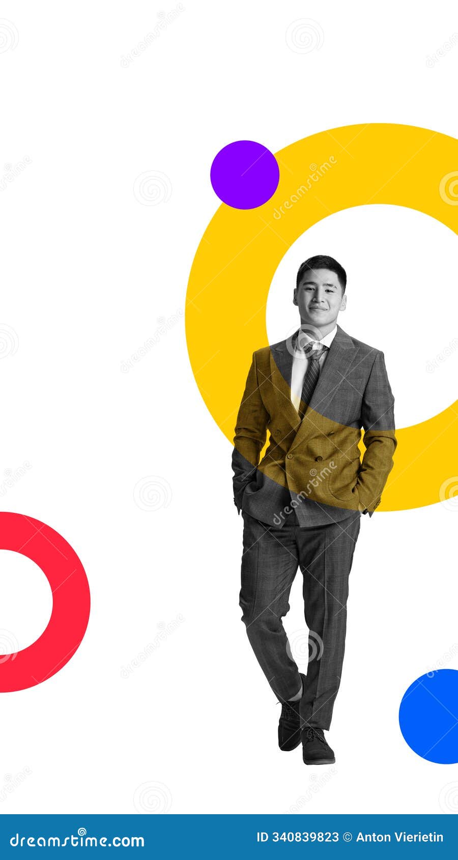 contemporary art collage. full-body portrait of businessman walking confidently. bright and vibrant circular s