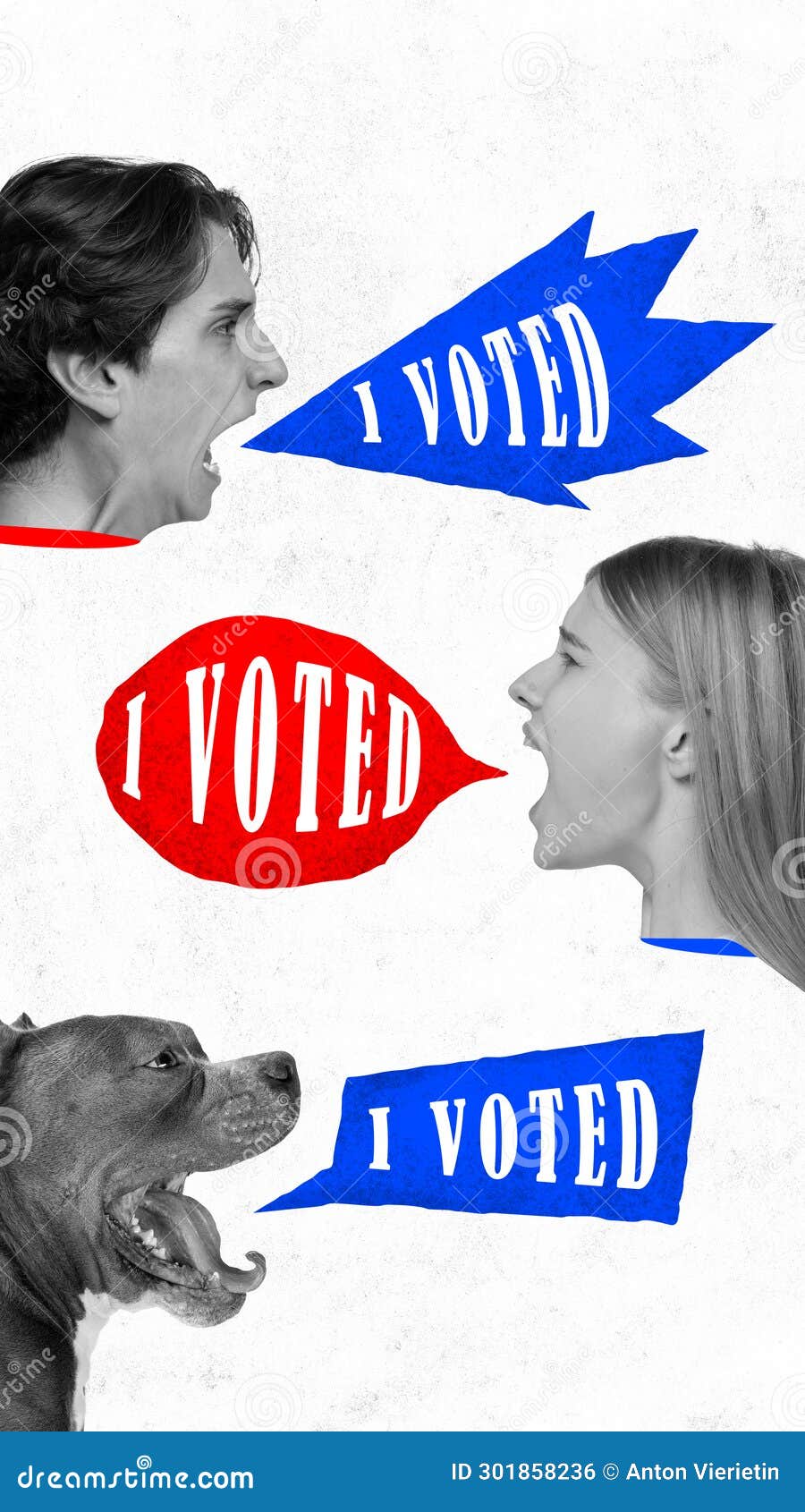 contemporary art collage. people and one dog loudly shouting in speech bubbles that they already voted. concept of