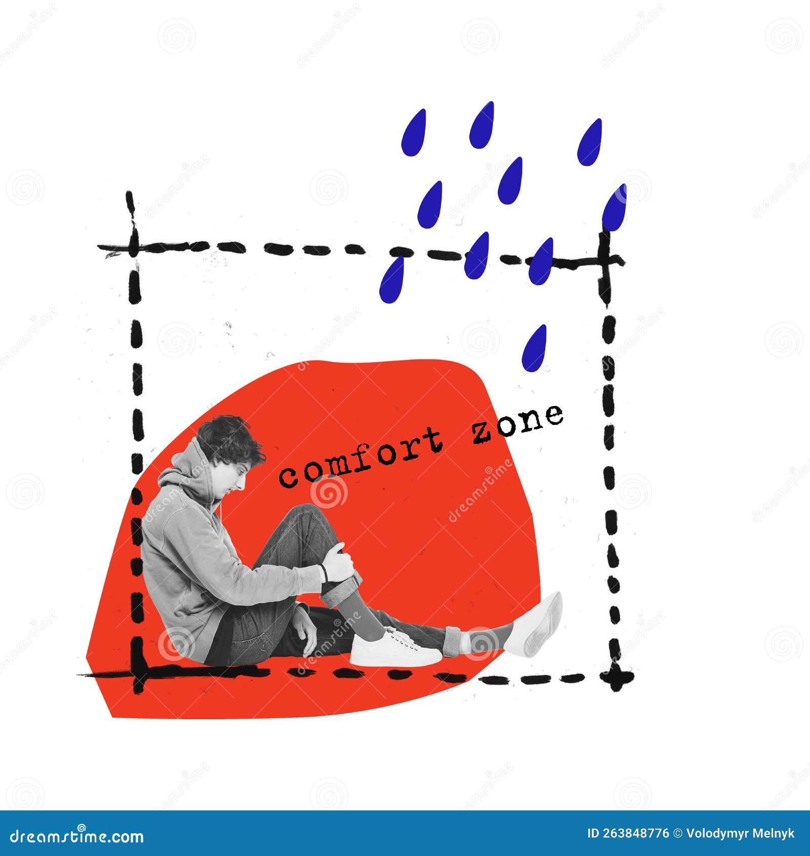 contemporary art collage. conceptual . sad, desperate young boy sitting inside illusional drawn lines meaning