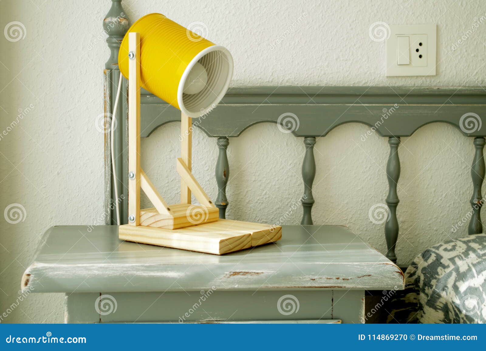 Contemporary Bedside Table with Yellow Lamp Stock Photo Image of