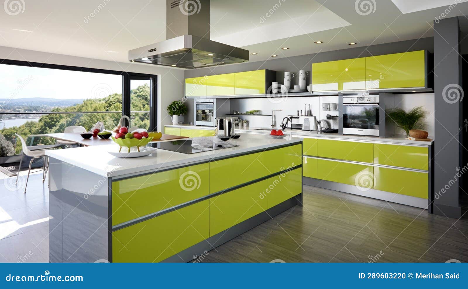 Contemporary Fitted Kitchen in Striking Lime Green, AI Generative Stock