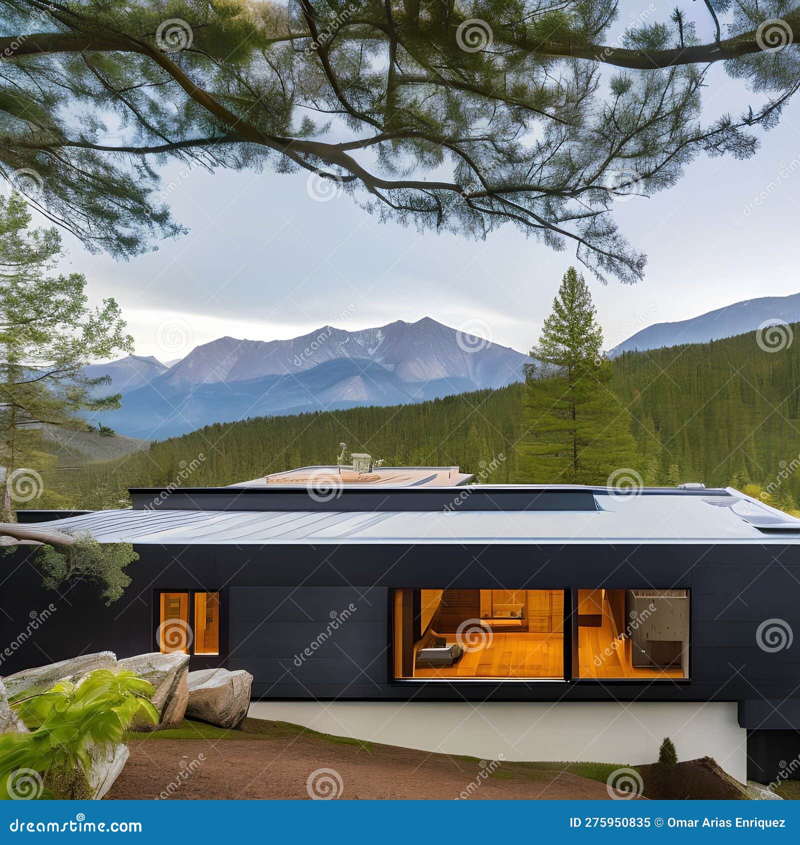 a contemporary home with a cantilevered deck, a metal roof, and a mountain view3, generative ai