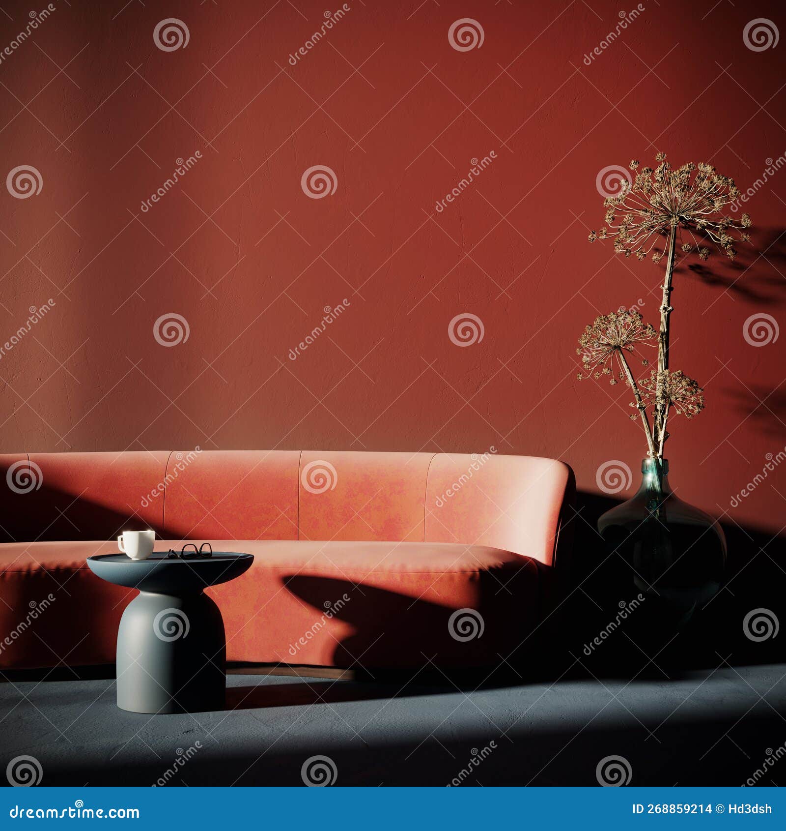 Contemporary Interior Design. Living Room with Red Sofa and Empty Red