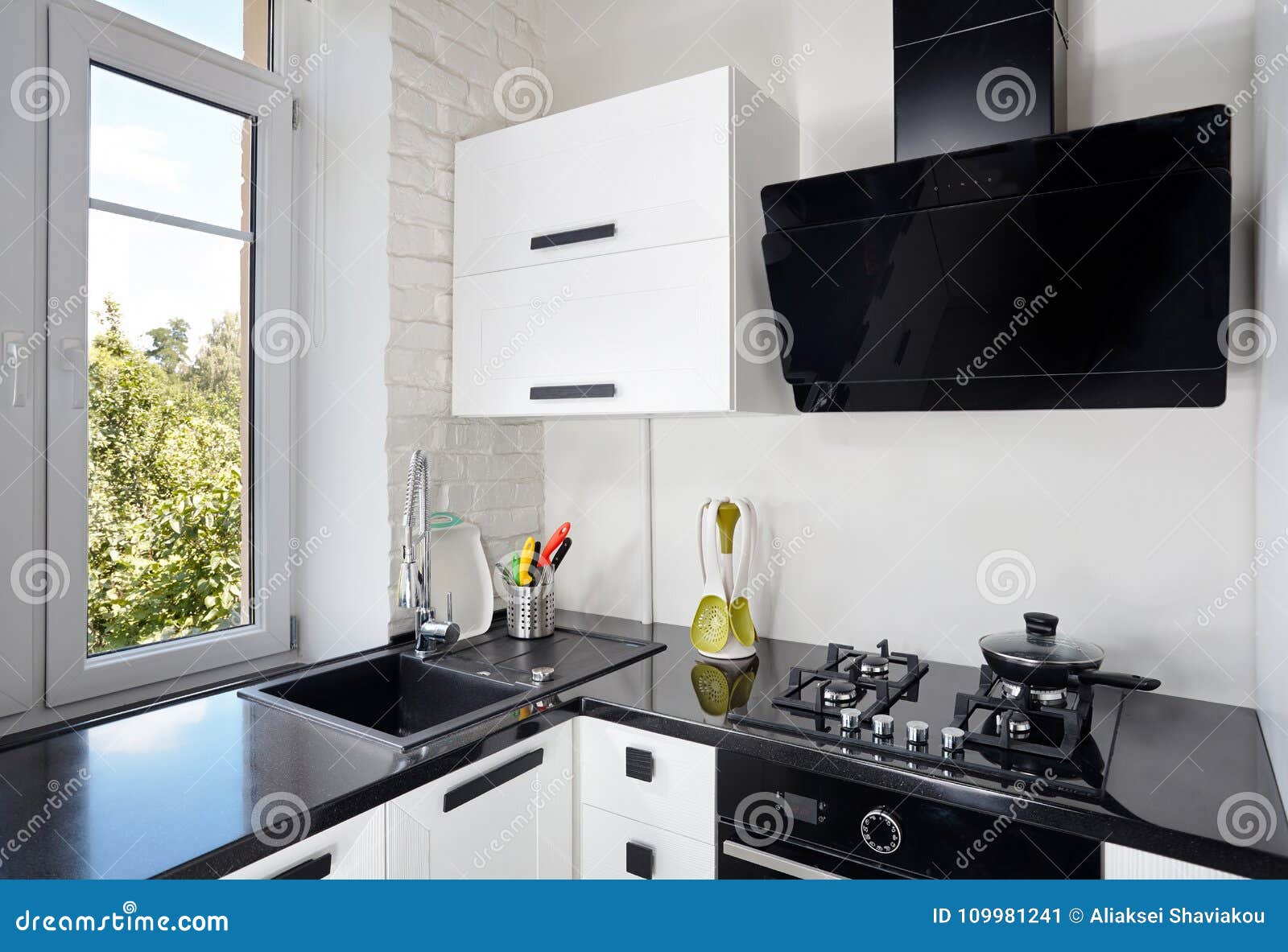 Contemporary Kitchen With Light Oak Facade And Dark Countertop