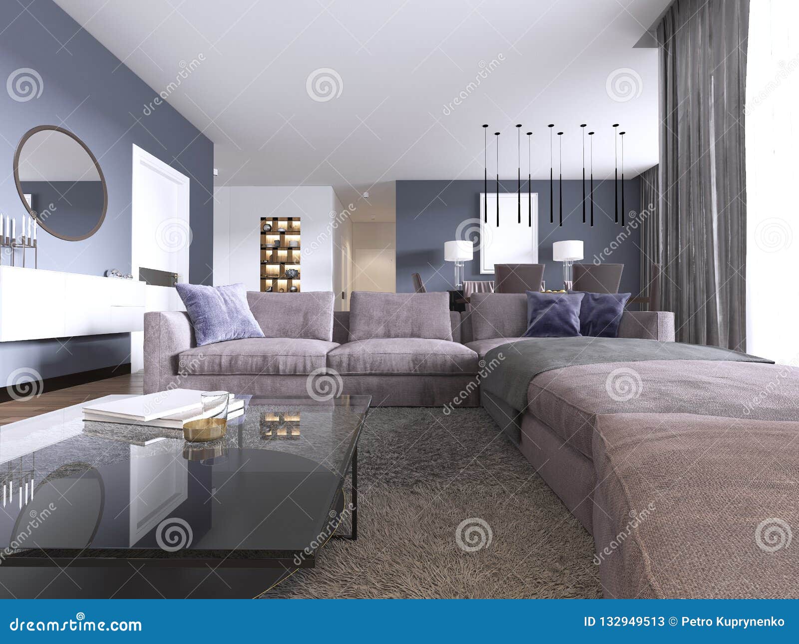 Contemporary Large Living Room In A New Apartment With A Large Sofa And Dining Area Stock Illustration Illustration Of Curtain