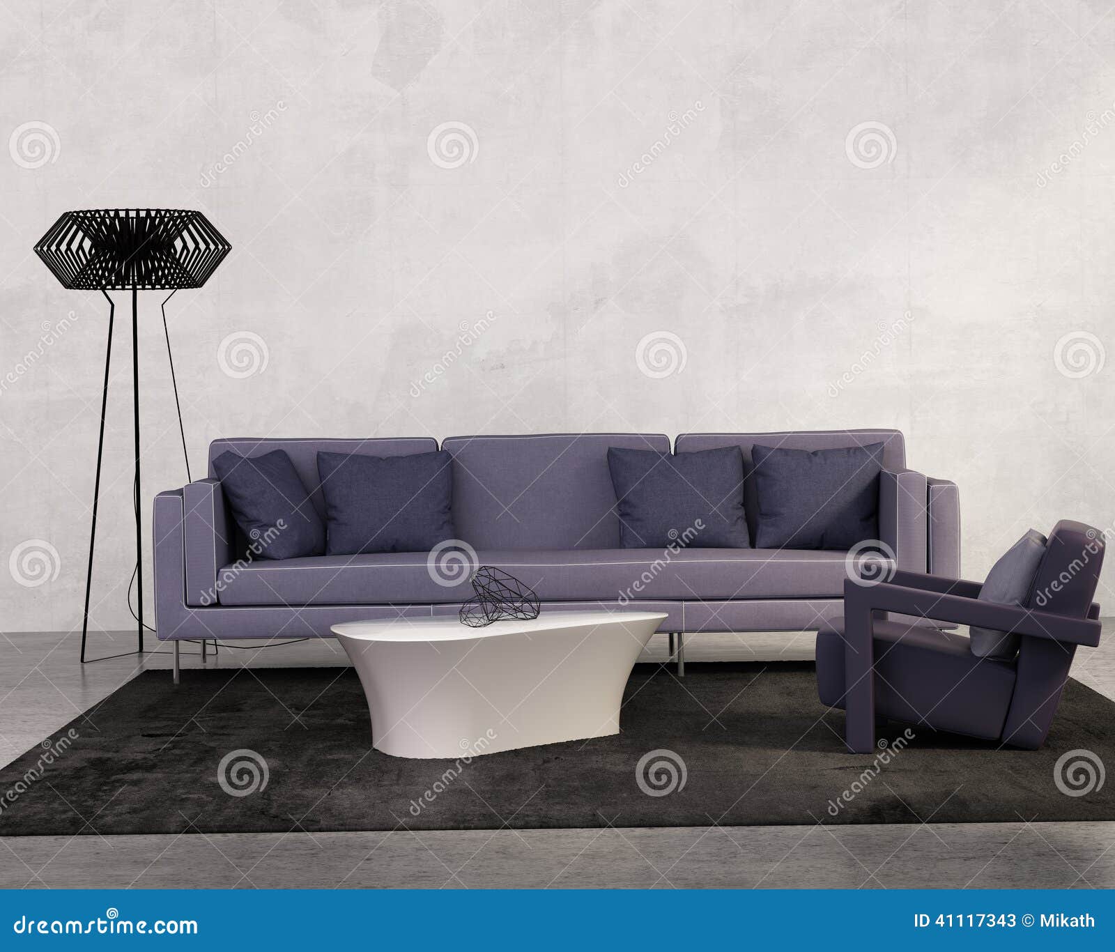contemporary living room with purple sofa