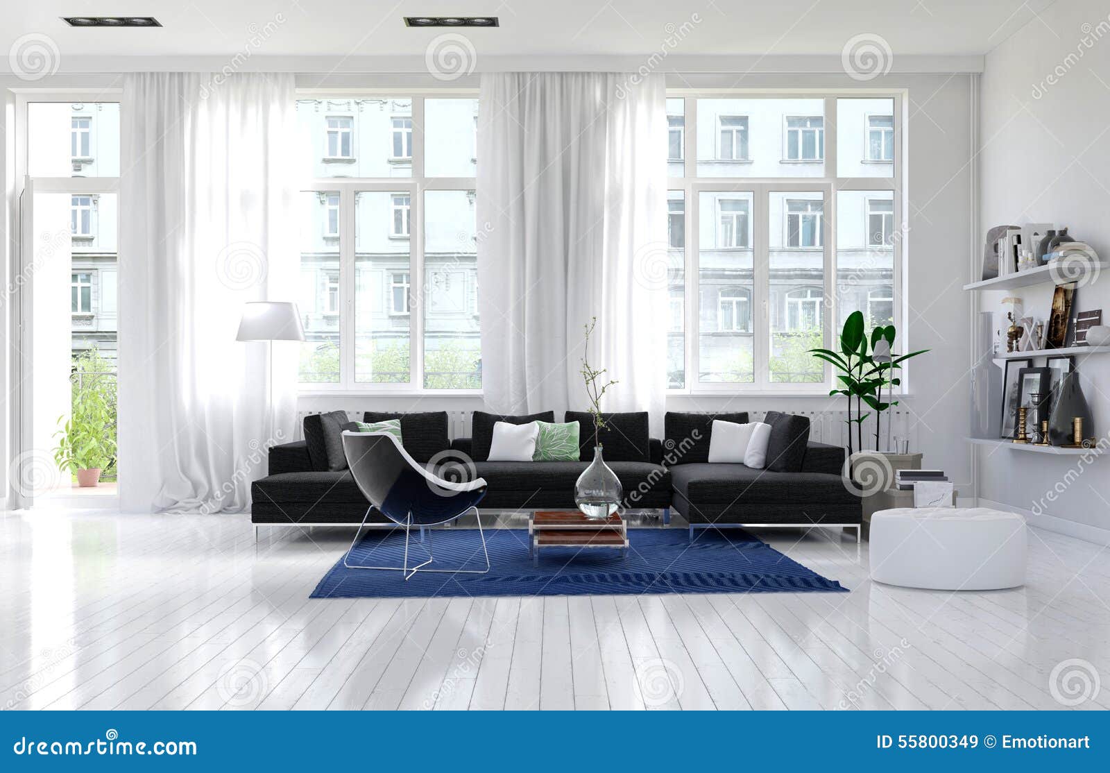 Contemporary Monochrome White Living Room Interior Stock