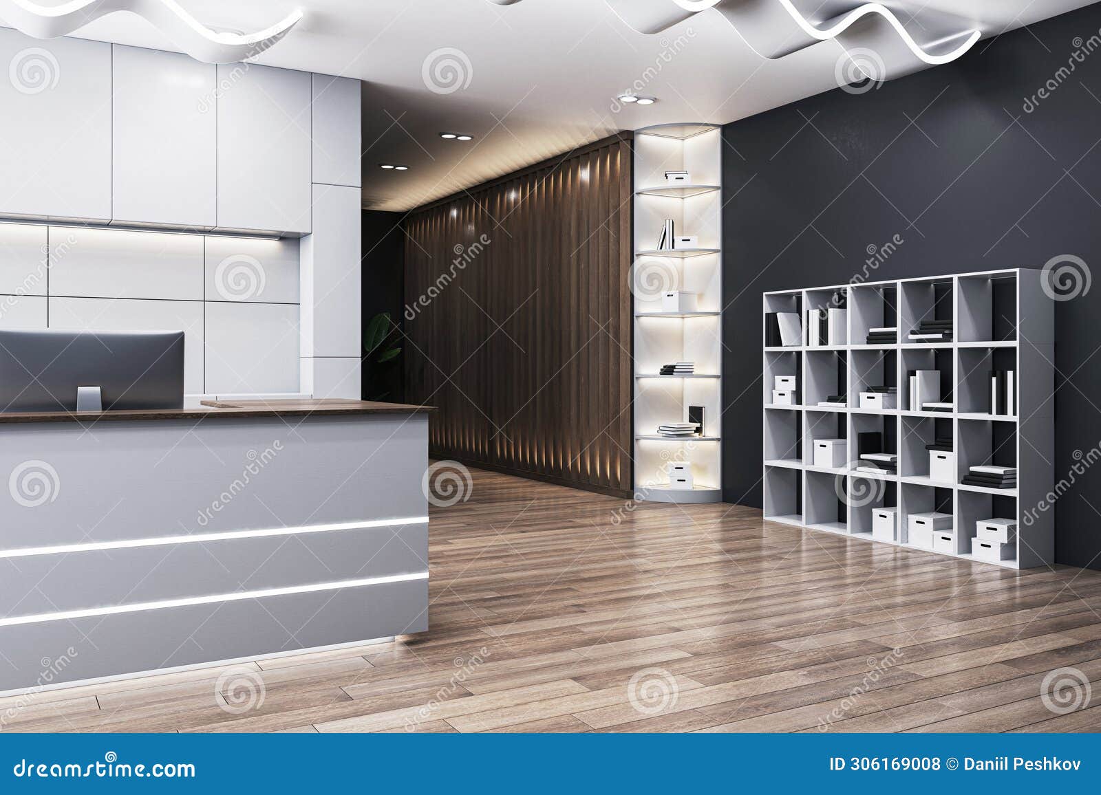 Contemporary Office Reception with Illuminated Wall Shelves and a  Minimalistic Design. Stock Illustration - Illustration of area, wall:  306169008, image size:1600x1156