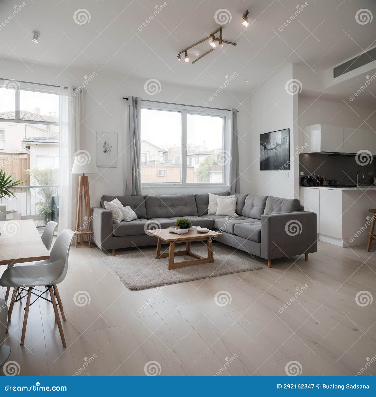 Contemporary Open Plan Kitchen with Dining Table Set and Gray Sofa in