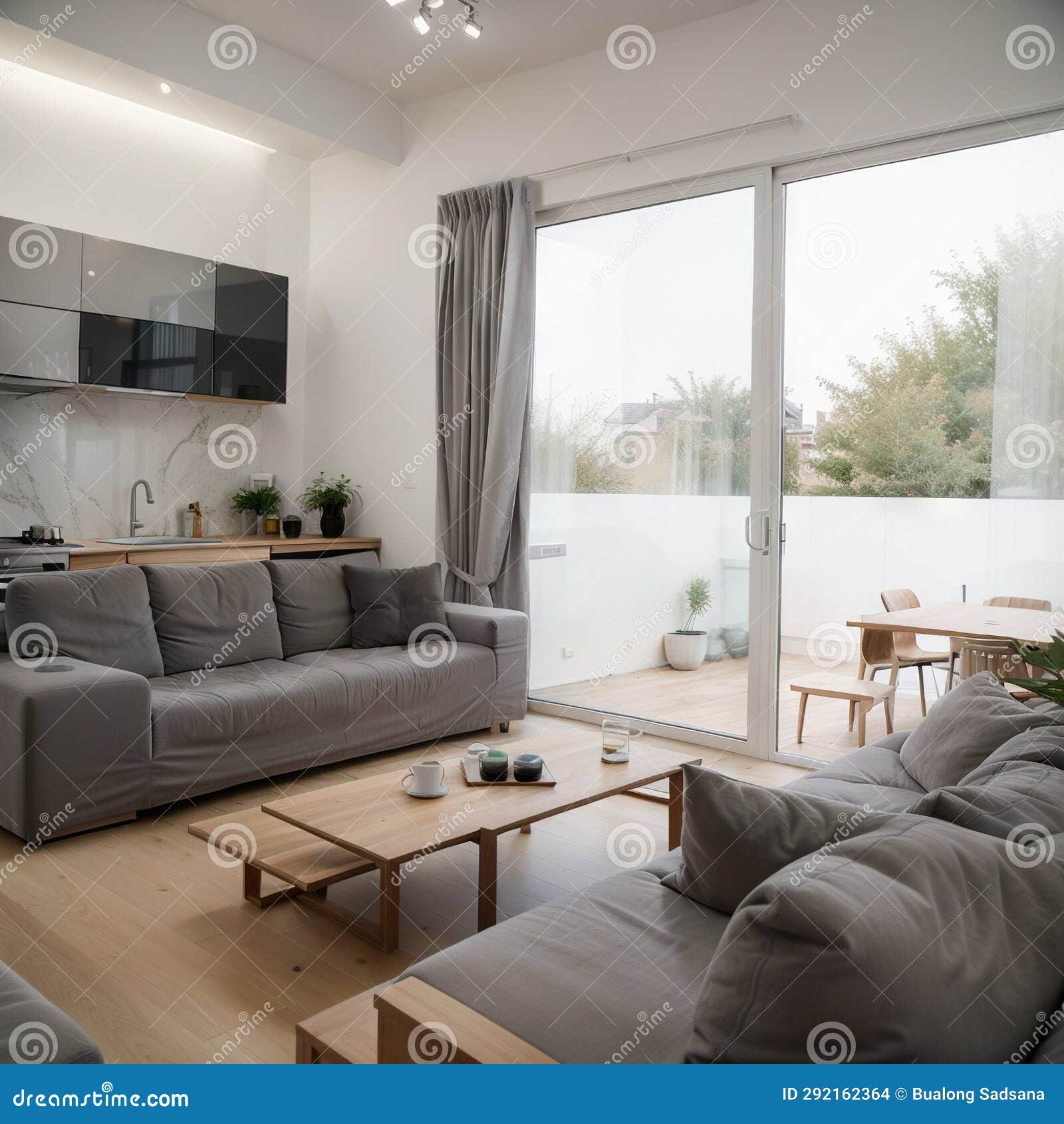 Contemporary Open Plan Kitchen with Dining Table Set and Gray Sofa in
