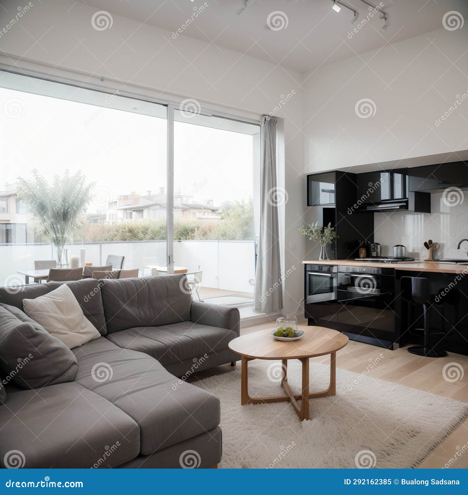 Contemporary Open Plan Kitchen with Dining Table Set and Gray Sofa in