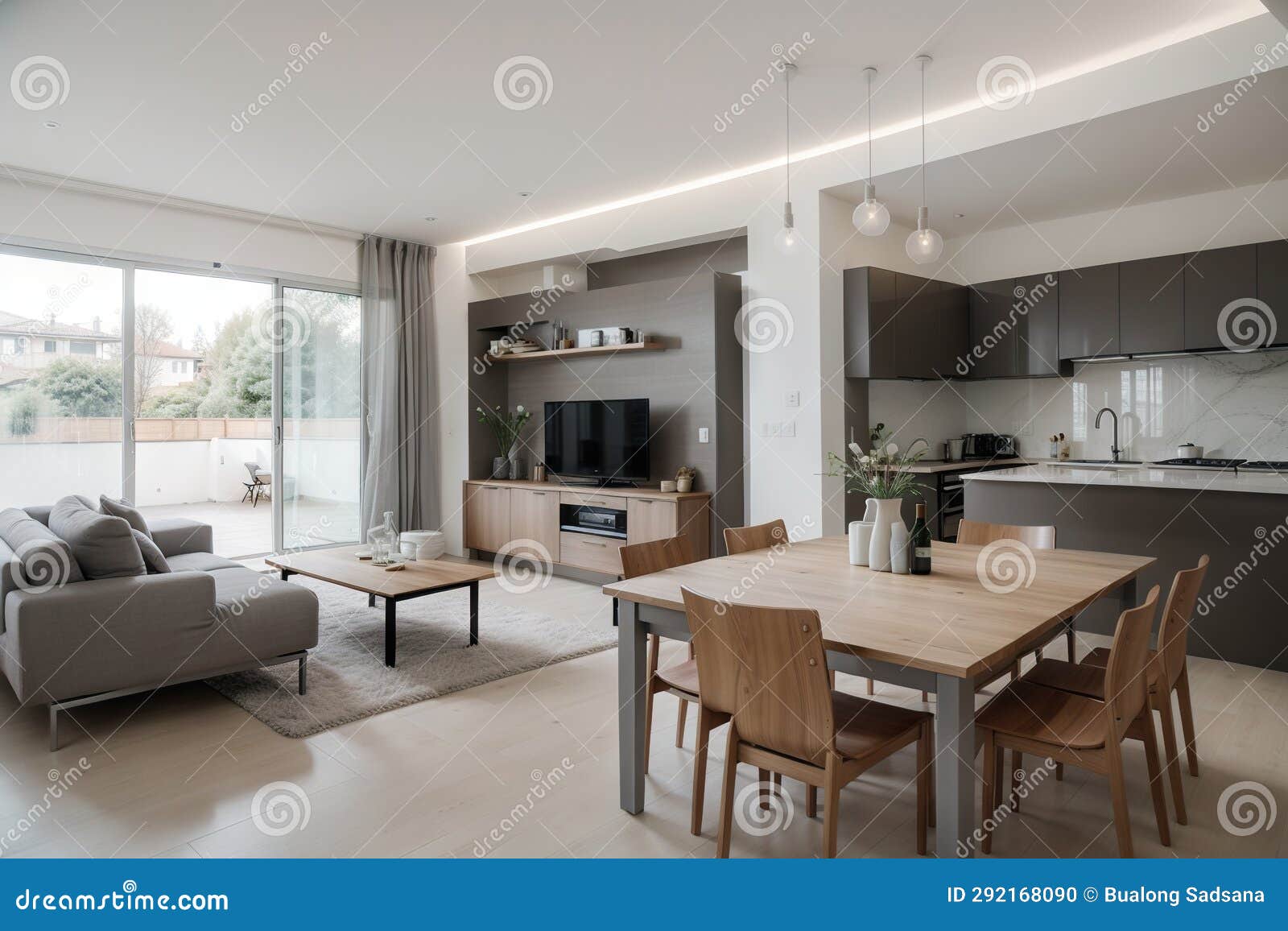 Contemporary Open Plan Kitchen with Dining Table Set and Gray Sofa in