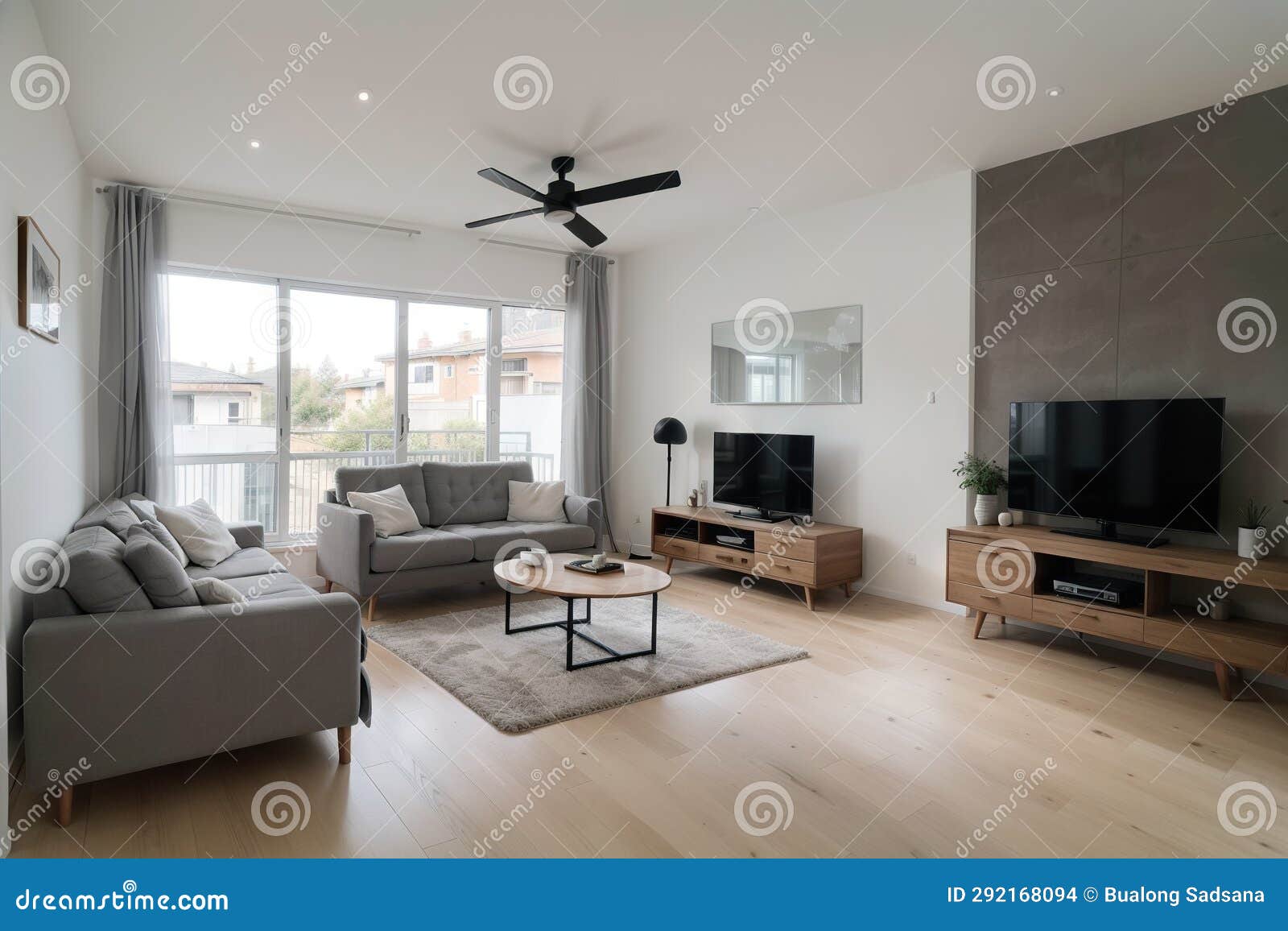 Contemporary Open Plan Kitchen with Dining Table Set and Gray Sofa in
