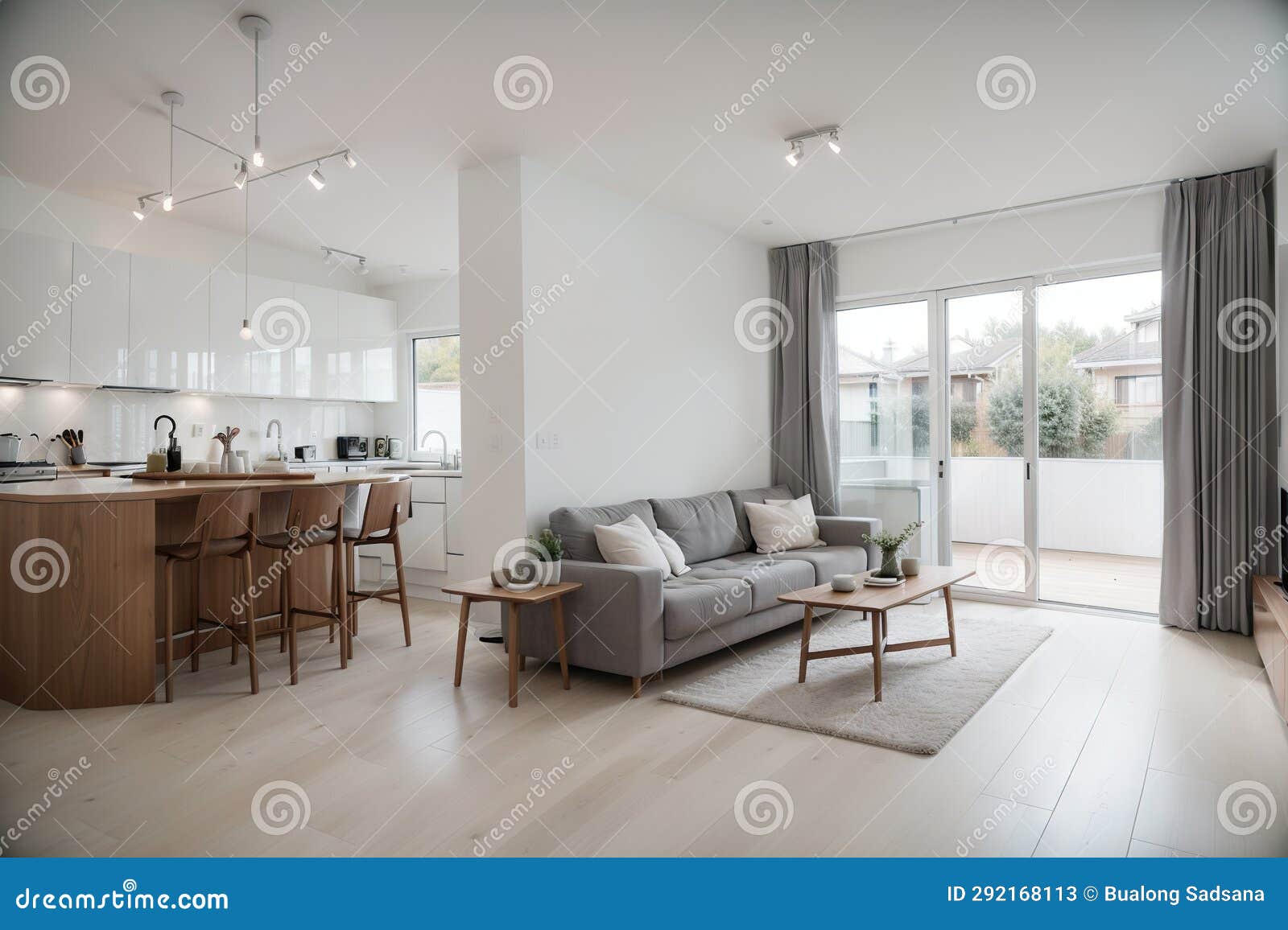 Contemporary Open Plan Kitchen with Dining Table Set and Gray Sofa in