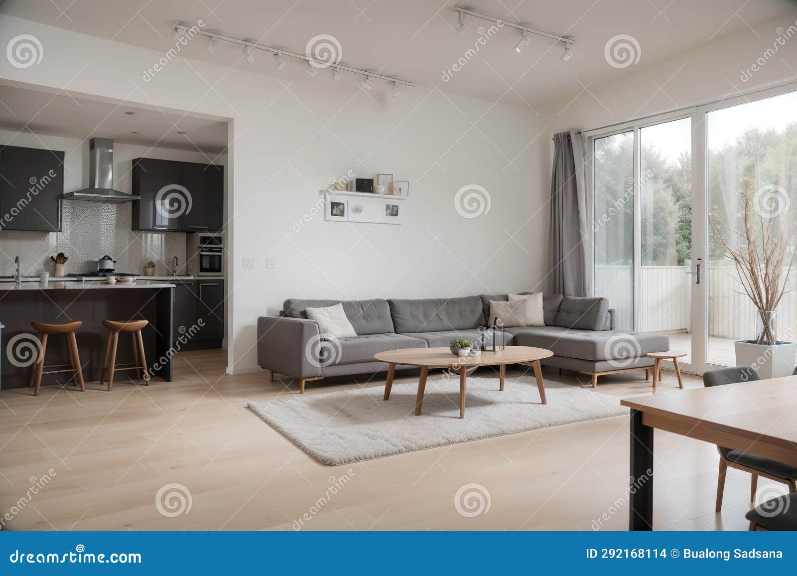 Contemporary Open Plan Kitchen with Dining Table Set and Gray Sofa in