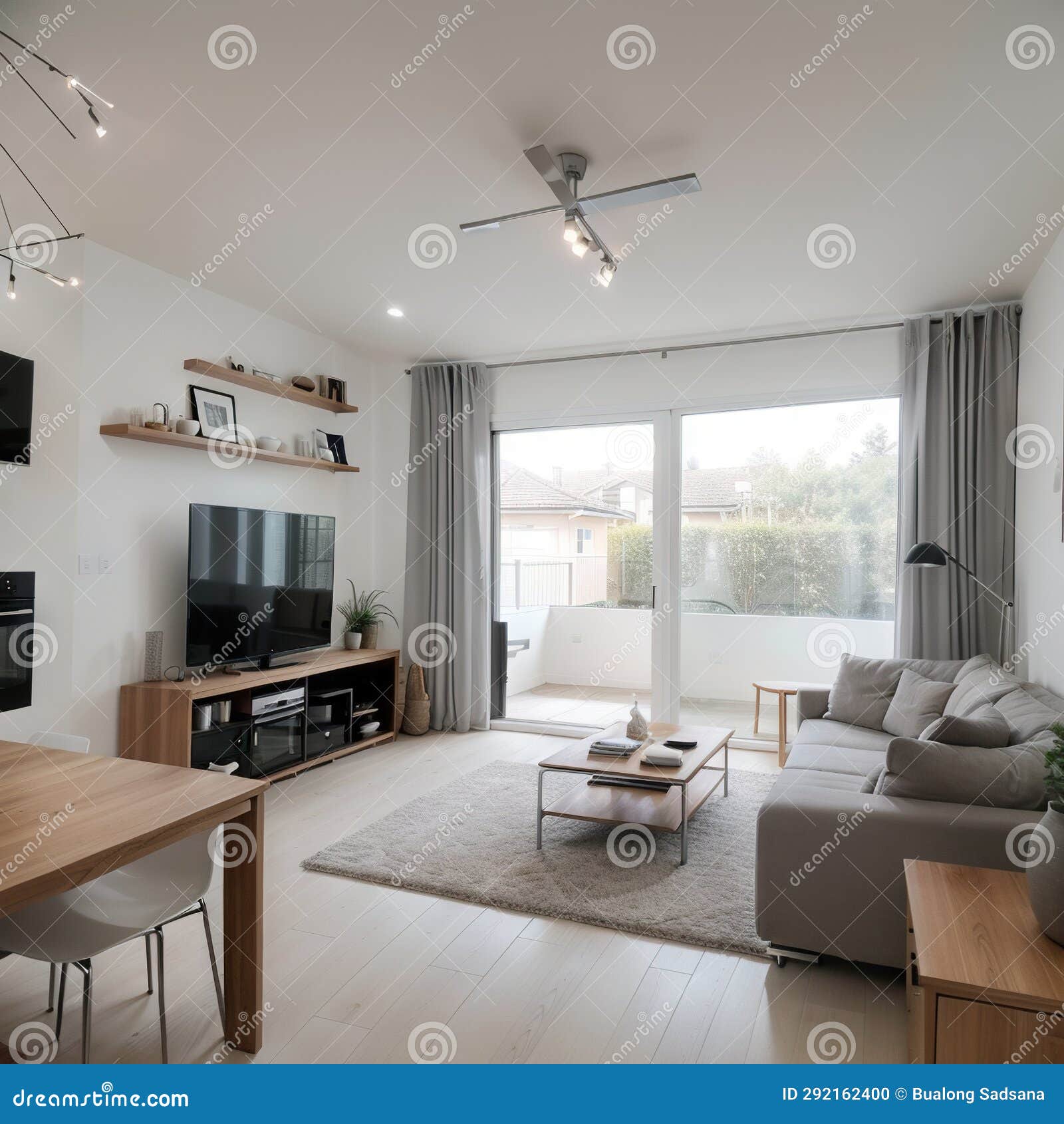 Contemporary Open Plan Kitchen with Dining Table Set and Gray Sofa in