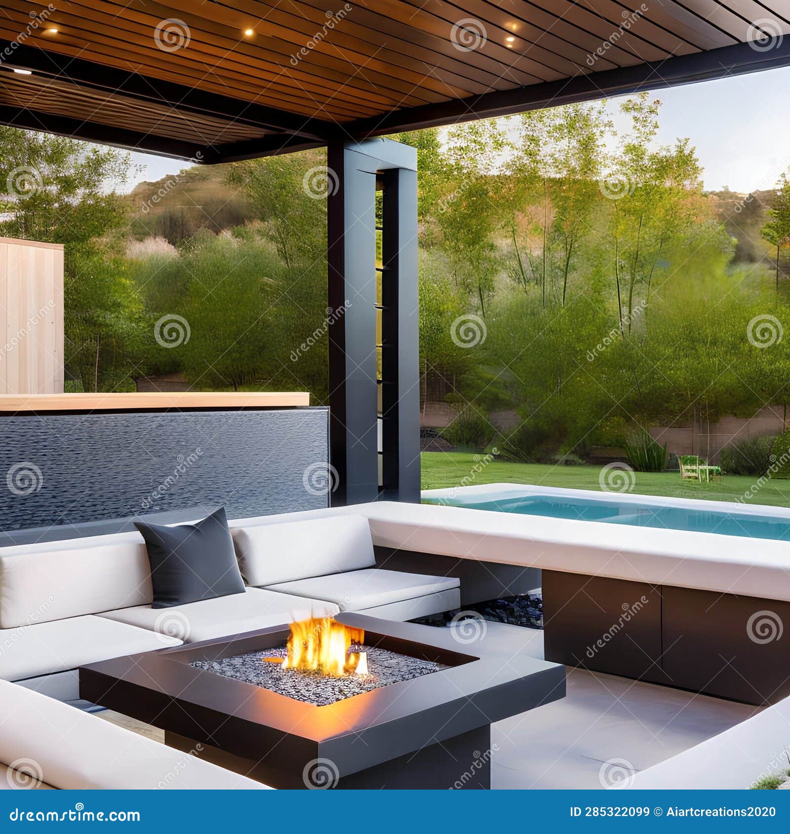 A Contemporary Outdoor Lounge with a Fire Pit, Builtin Seating, and