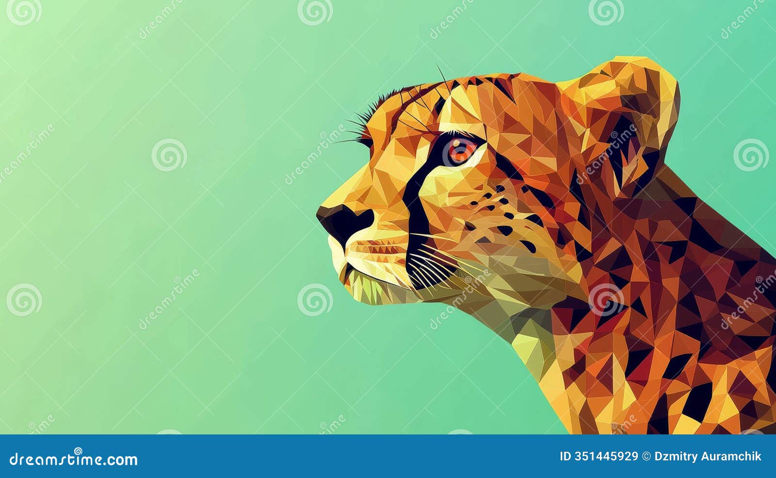 a contemporary rendering of a cheetah's face, using geometric s and vivid colors to form a dynamic and