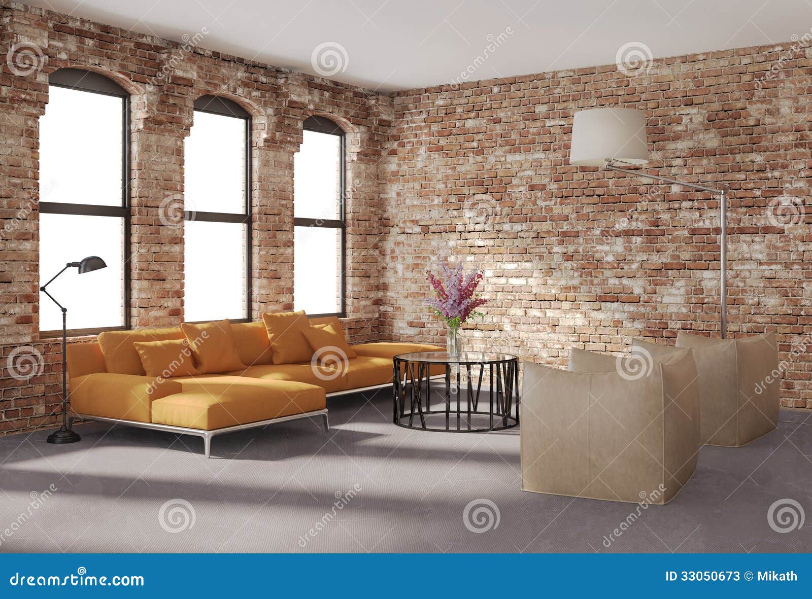 Contemporary Stylish Loft Interior Brick Walls Orange Sofa