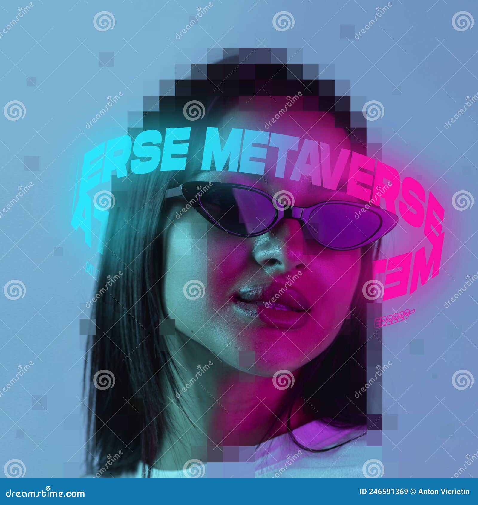 contemporay artwork. young stylish woman in sunglasses with neon lettering around pixel head  over blue