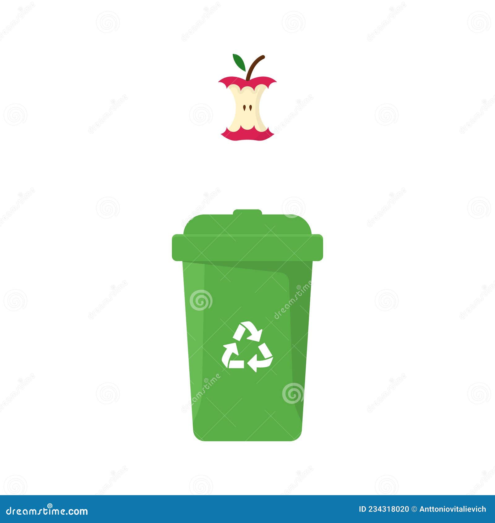 Cubo de basura con residuos orgánicos, reciclaje de basura, ilustración  vectorial