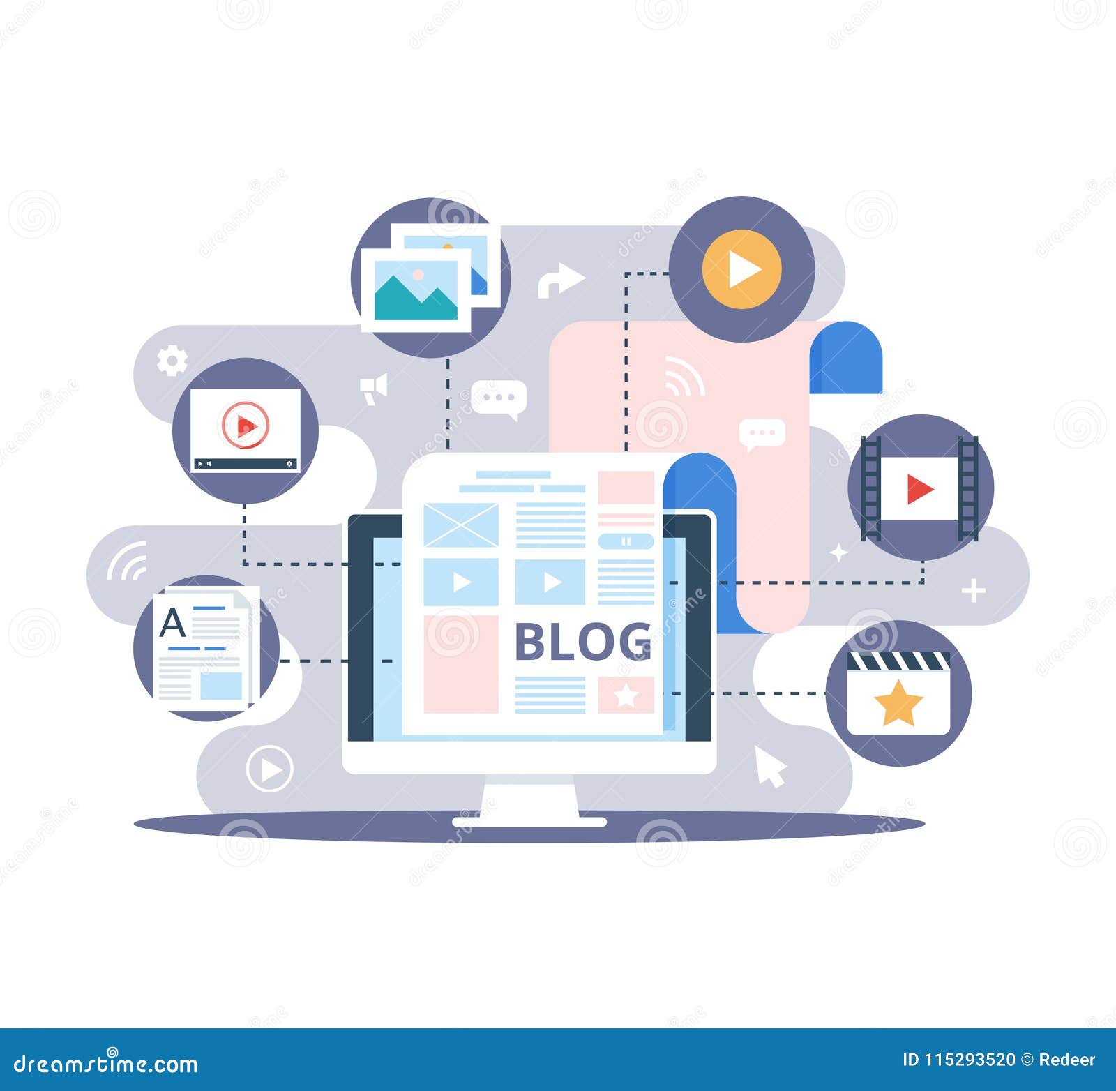 content marketing, blogging and smm concept in flat . the blog page fill out with content. articles and media