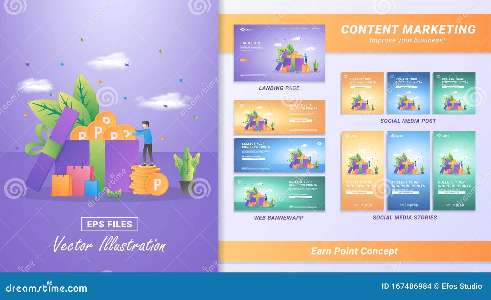 content marketing material set. collect shopping point, swap points for vouchers. reward program for loyal customers. including
