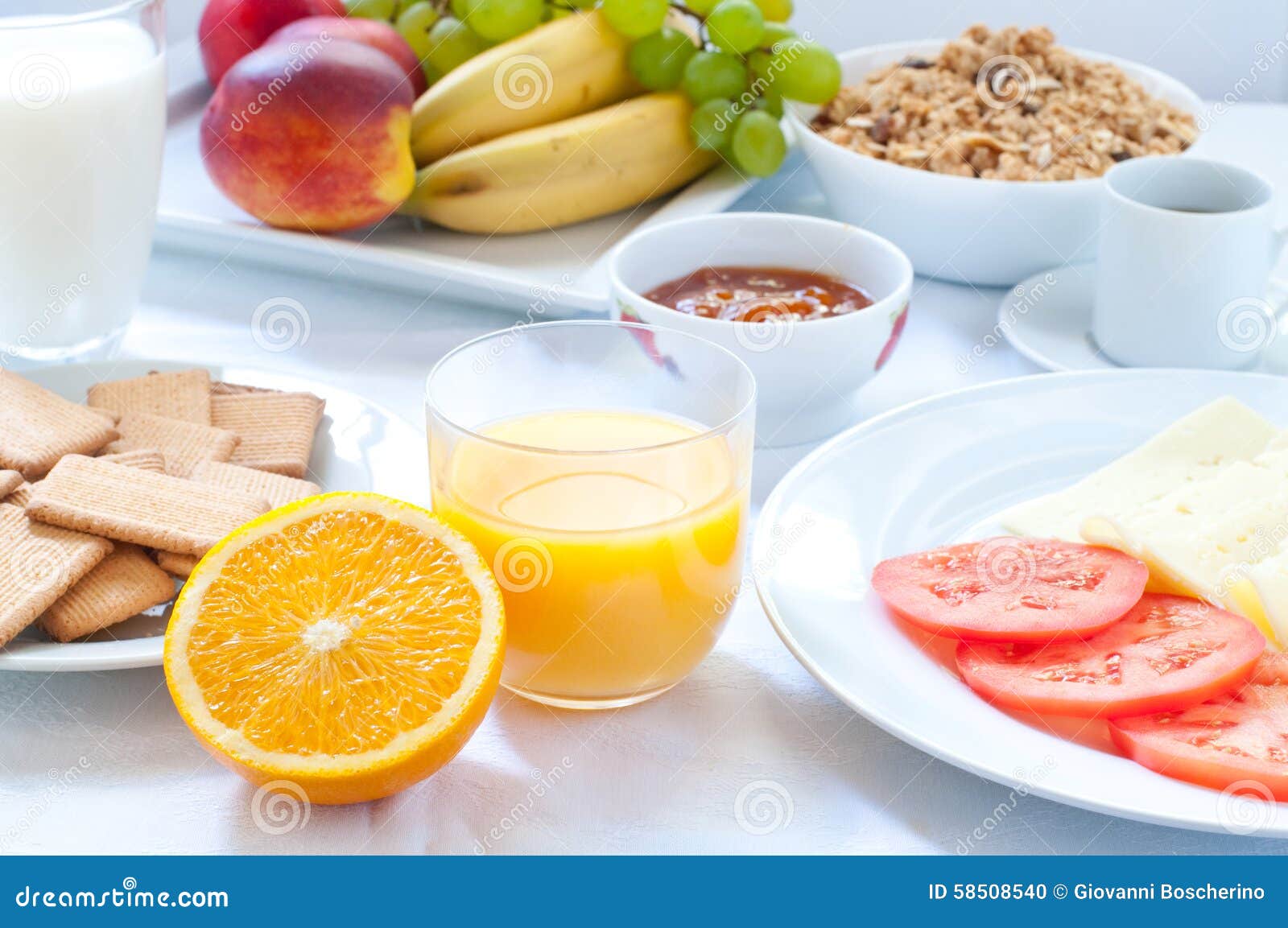 Continental Breakfast with Fruit , Coffee , Cheese Stock Photo Image