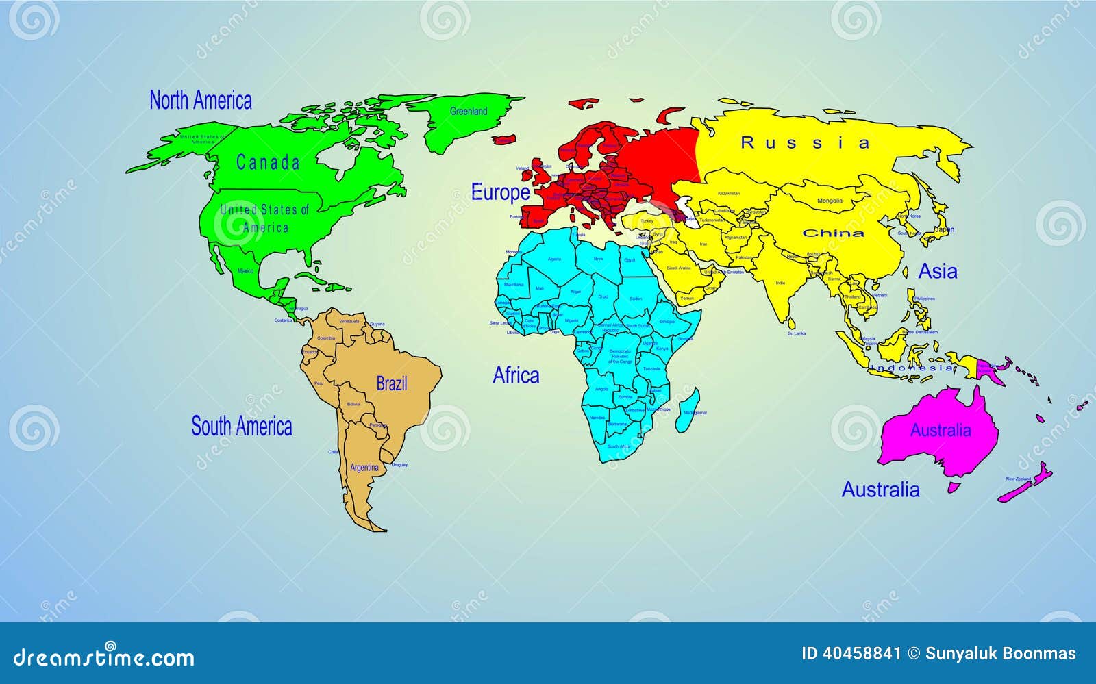 Continents Et Nom Du Pays De Carte Couleur Du Monde ...