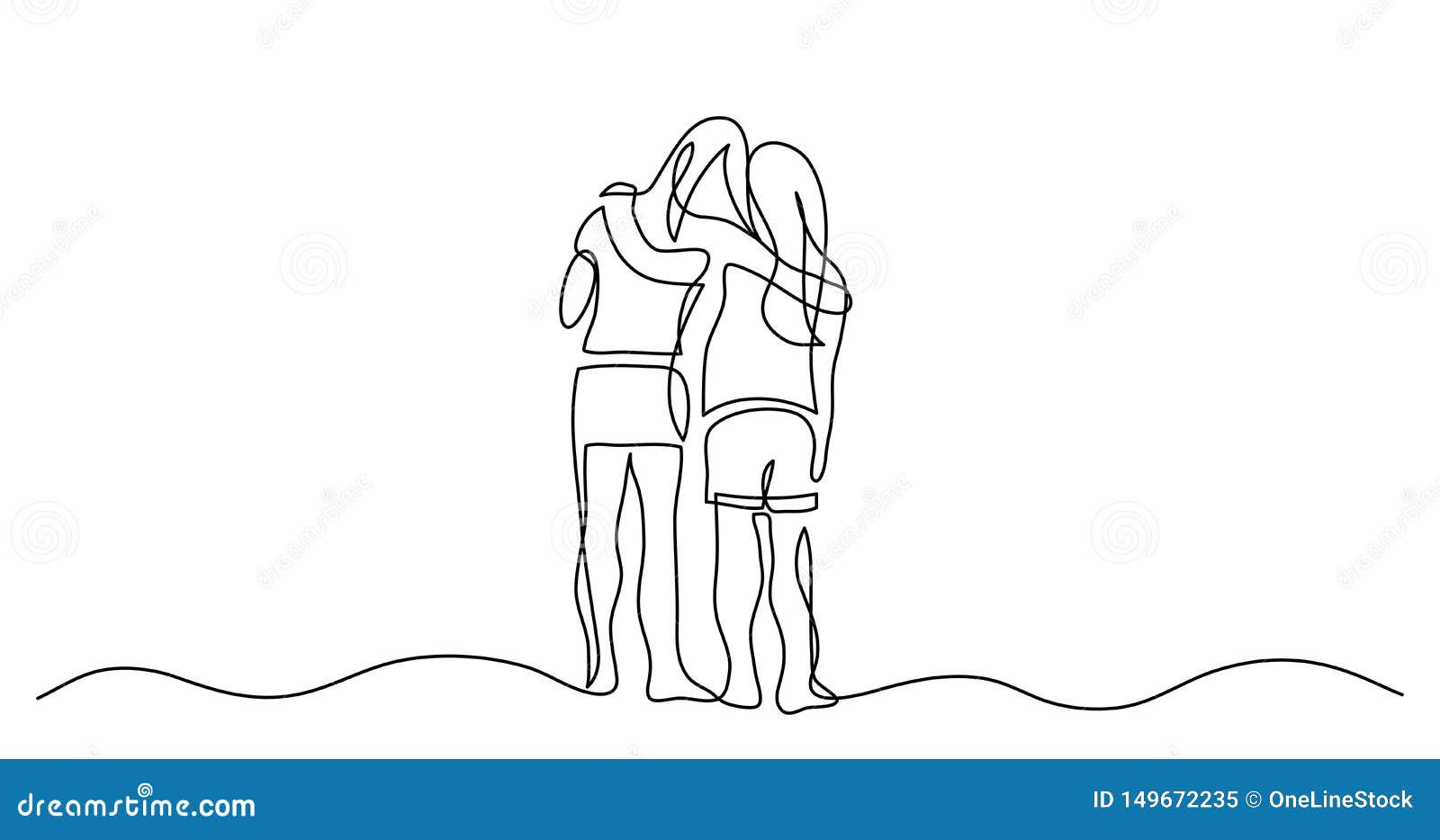 Continuous Line Drawing of Two Teenage Girls Hugging Each Other Stock