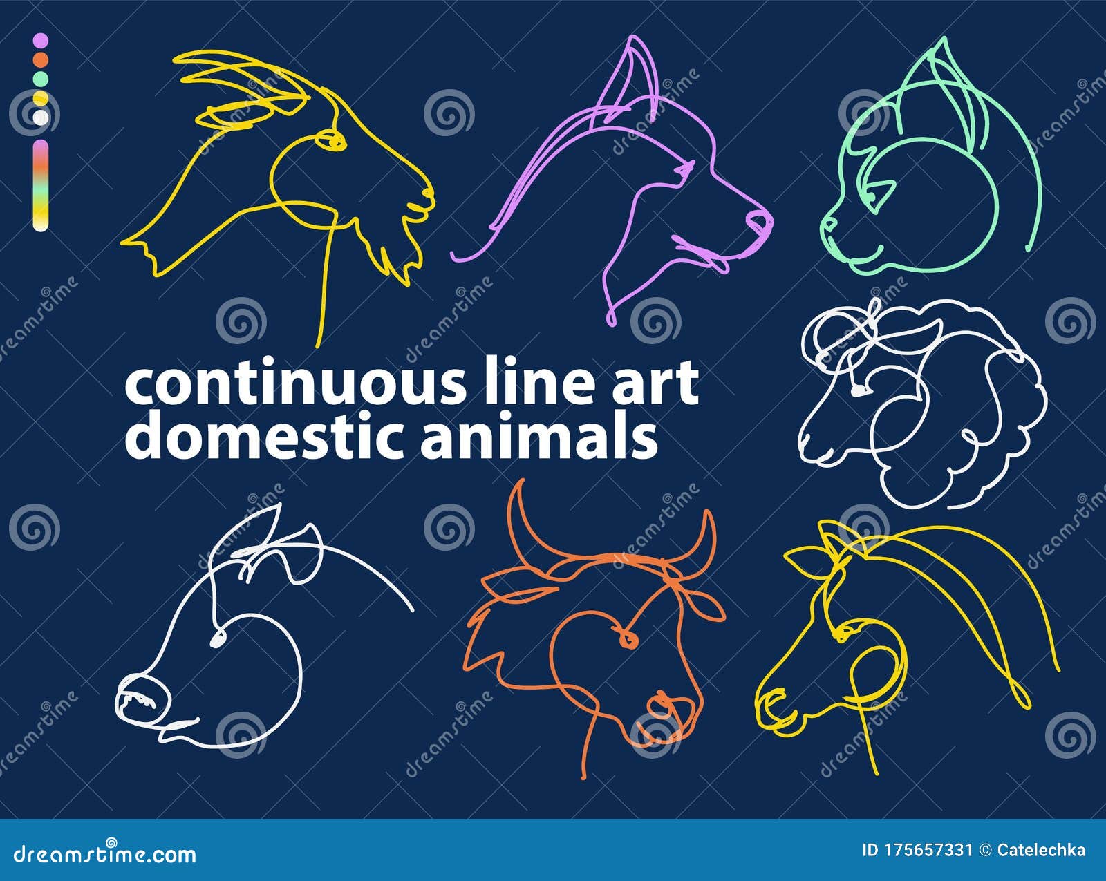 Continuous Line Art, Hand Drawn Domestic Animals Head Set. Stock Vector ...