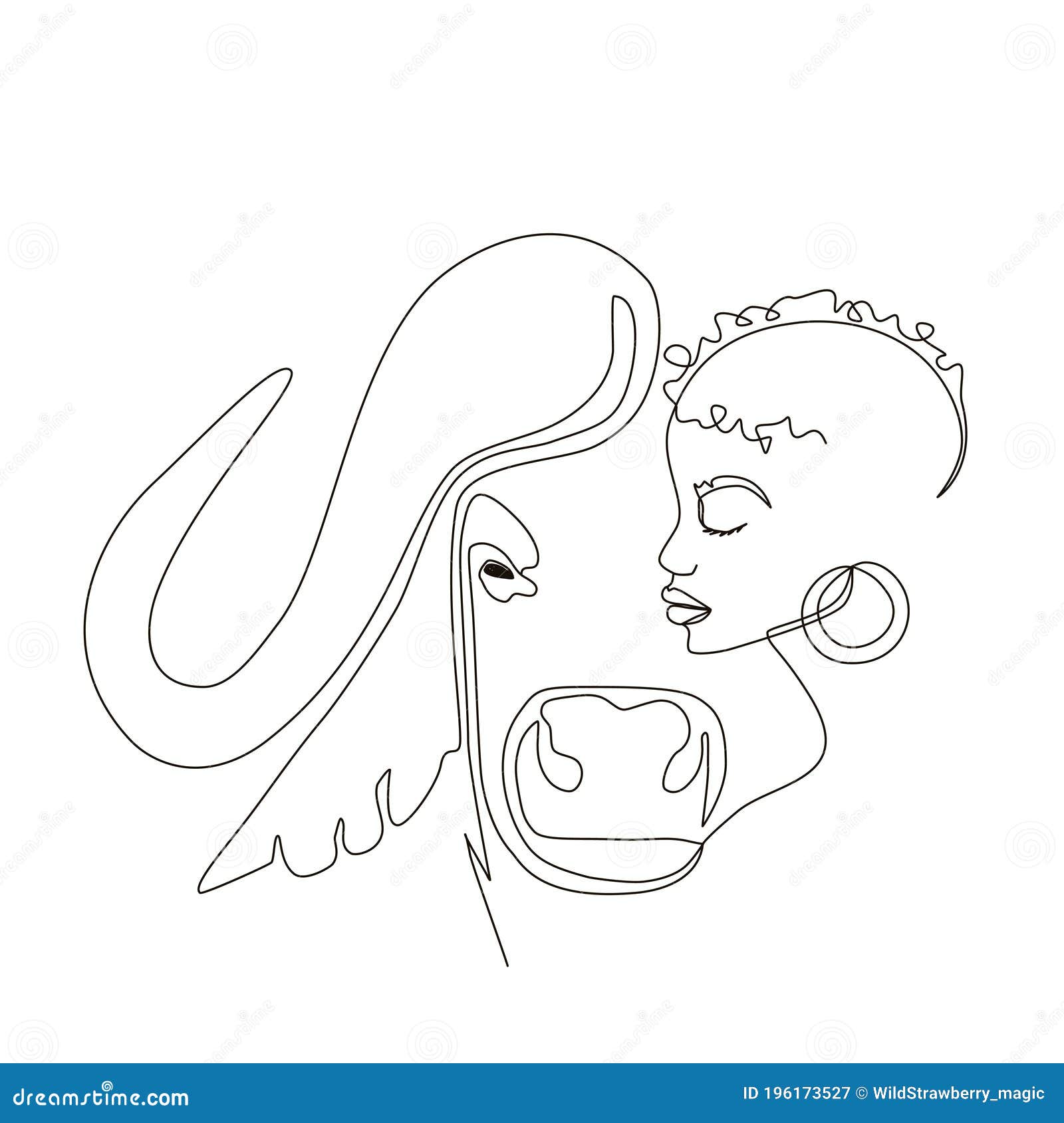 Continuous Line Art Or One Line Drawing African Woman And Buffalo Vector Illustration Numan And Animal Friendship Concept Stock Vector Illustration Of Sketch Woman 196173527