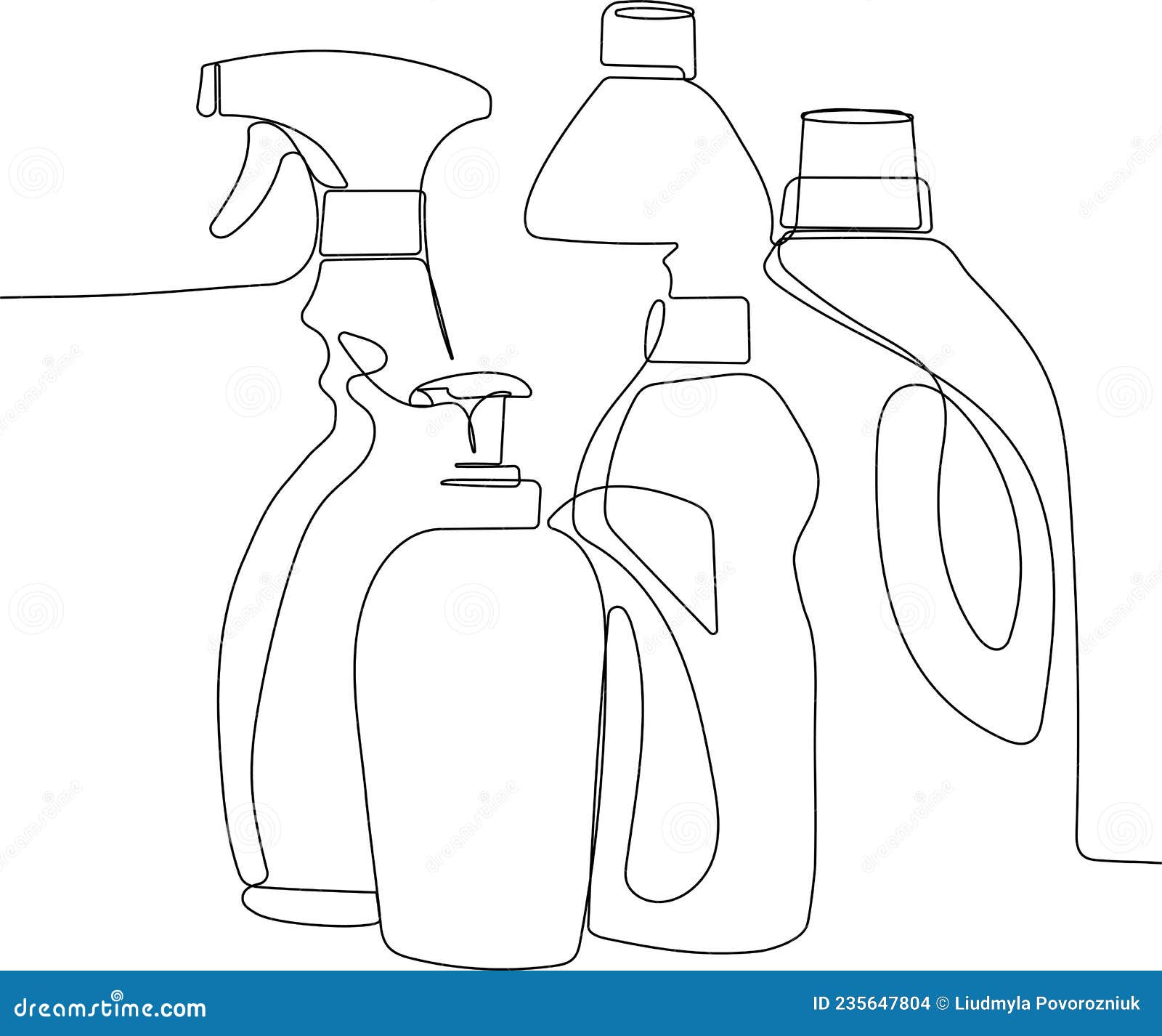 continuous line draw of set bottles of different cleaning procucts friendly cleaning. minimal concept