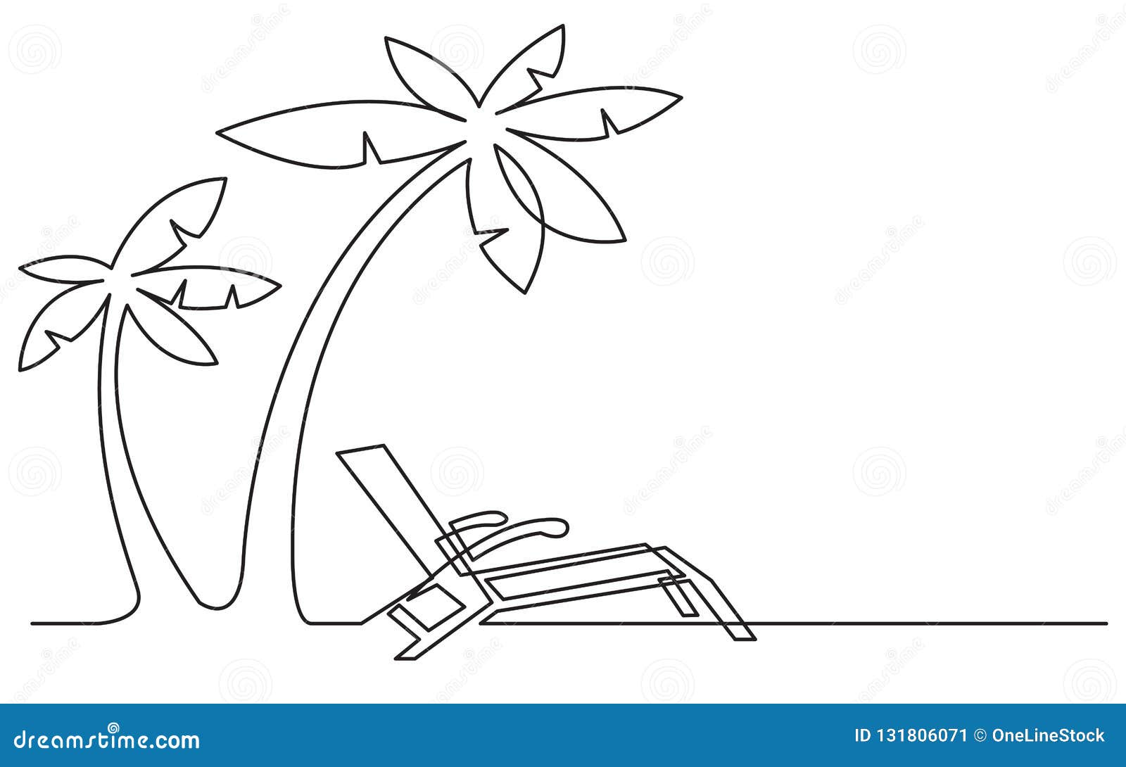 Continuous Line Drawing Of Beach Chair And Palm Trees Stock Vector