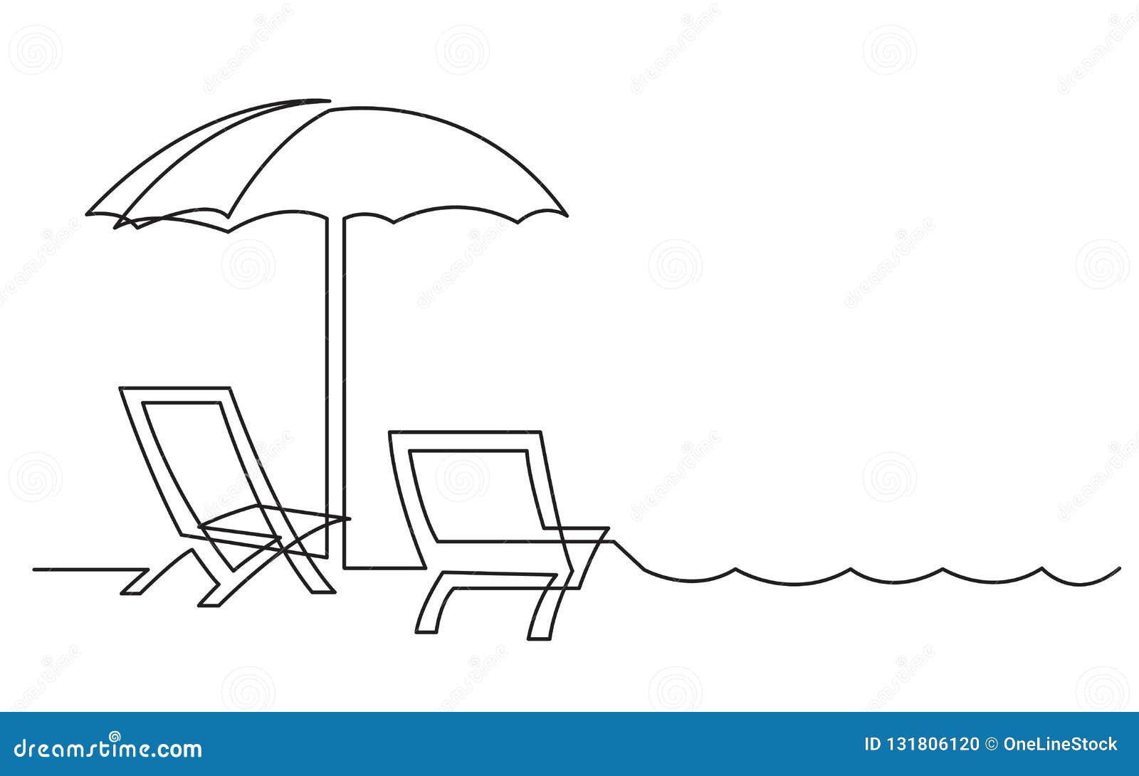 Continuous Line Drawing Of Beach Chairs And Sea Waves Stock Vector