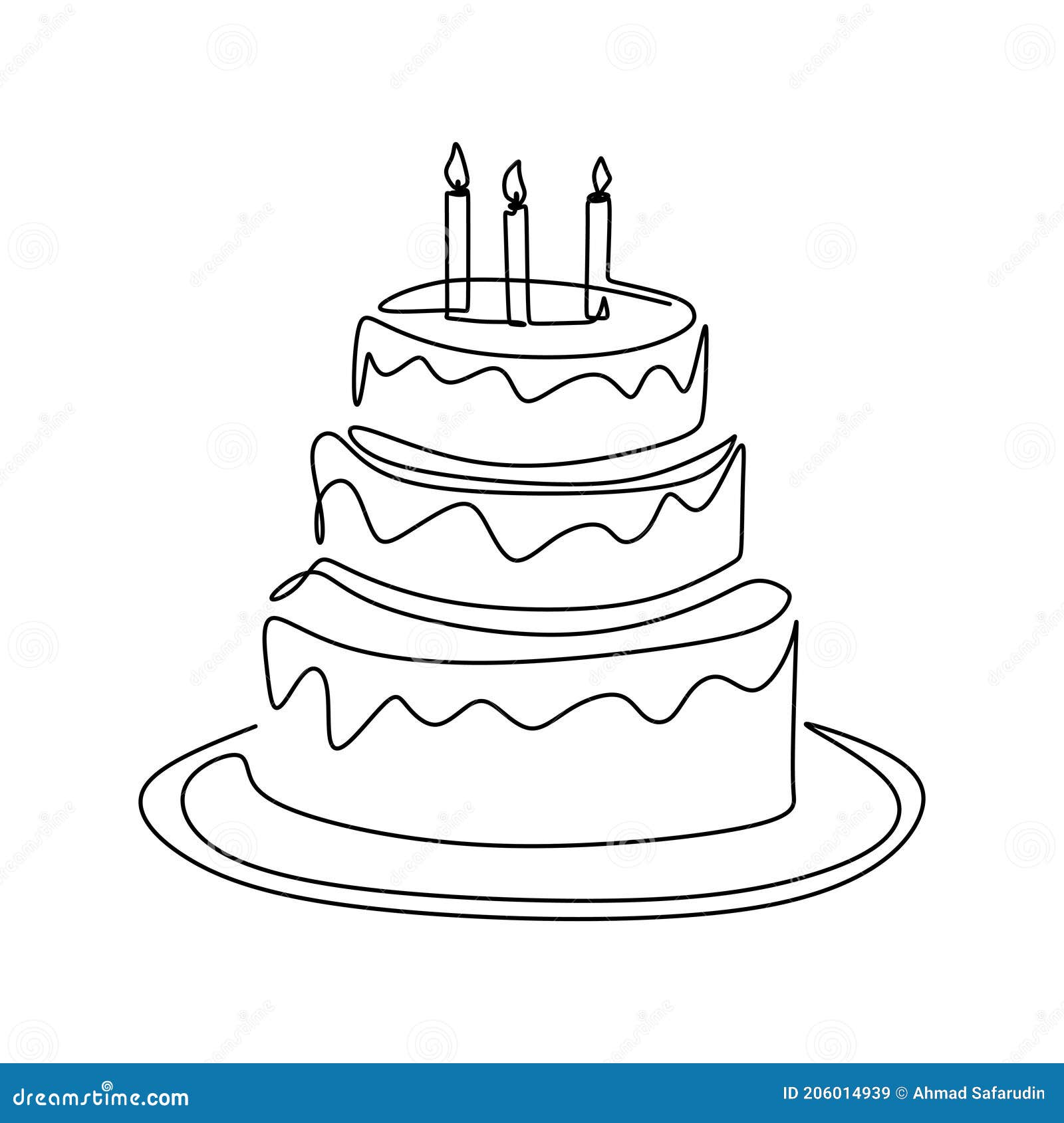 Continuous Line Drawing Of Birthday Cake With Candle A Cake With Cream And Candles Birthday Party Celebration Concept Happy Stock Vector Illustration Of Black Event