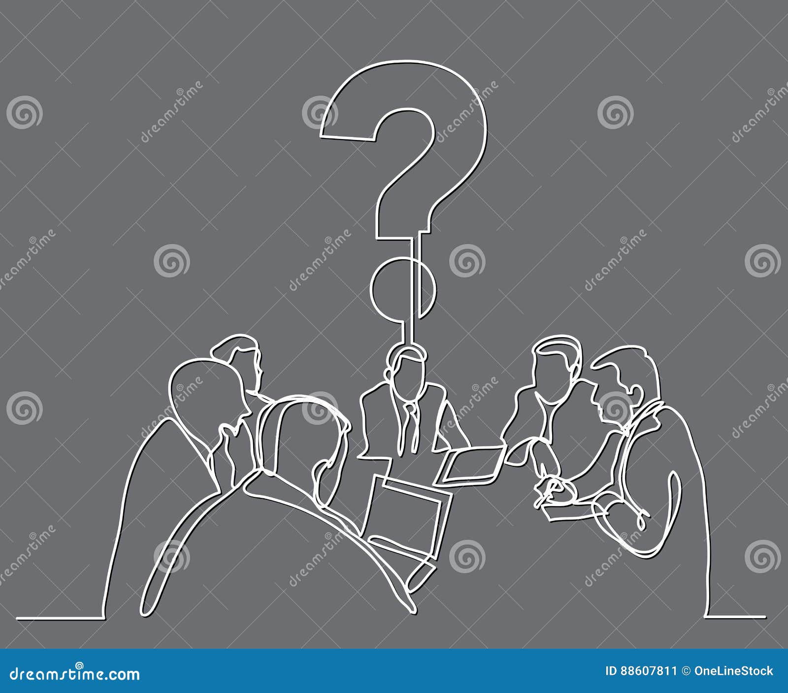 continuous line drawing of business meeting with a questions