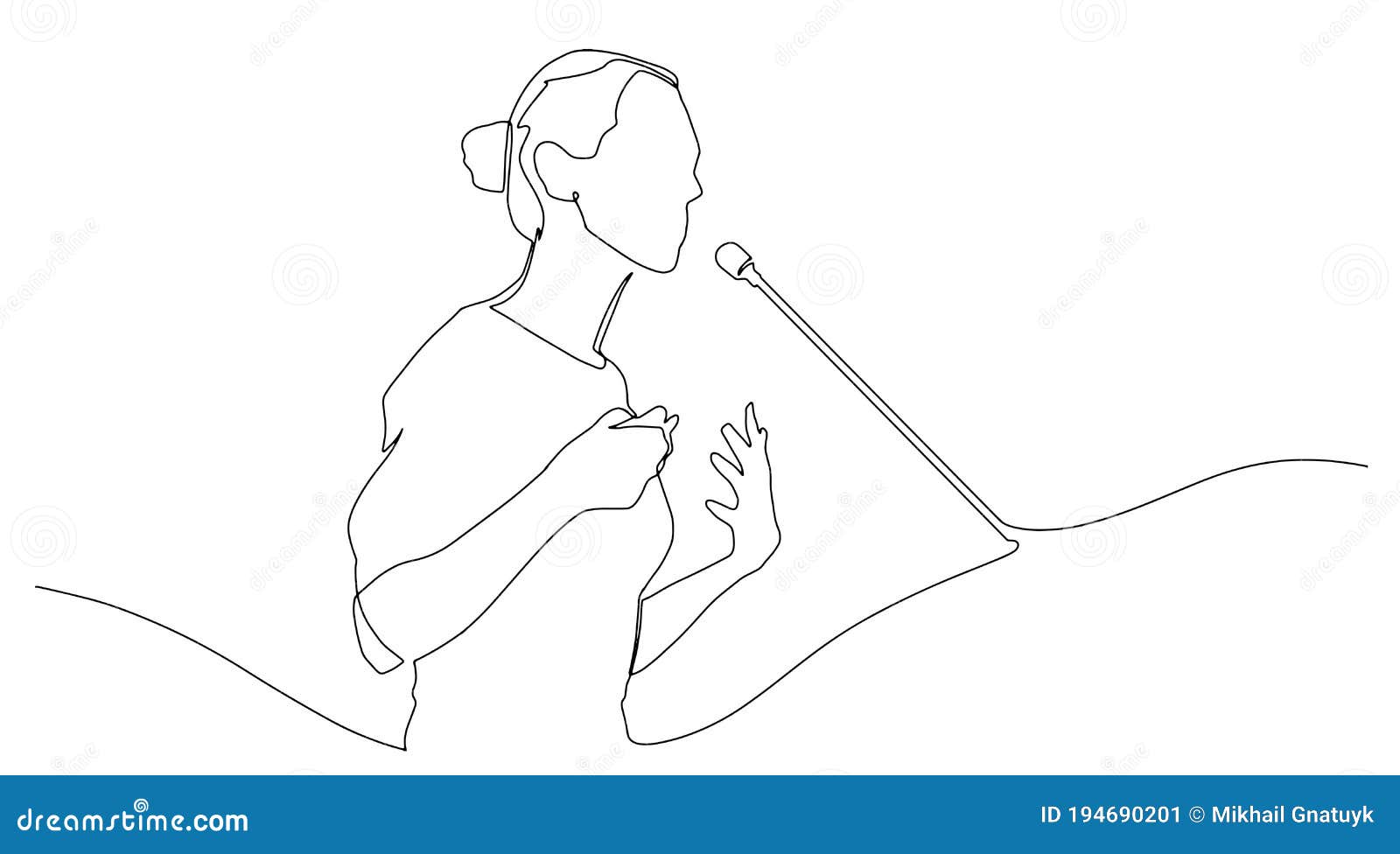 continuous line drawing business presentation woman trainer talking one single line drawn character politics speaker