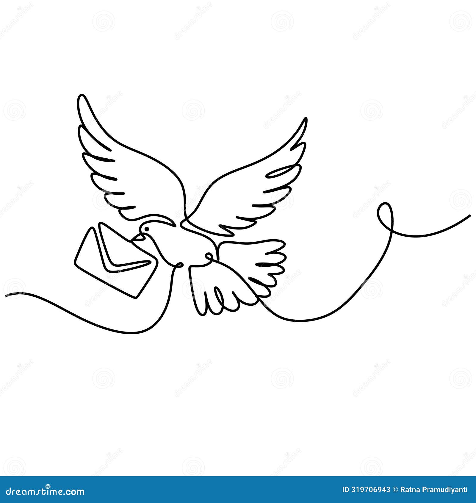 continuous line drawing. dove bird with letter envelope. message  postcard concept.   . minimalist