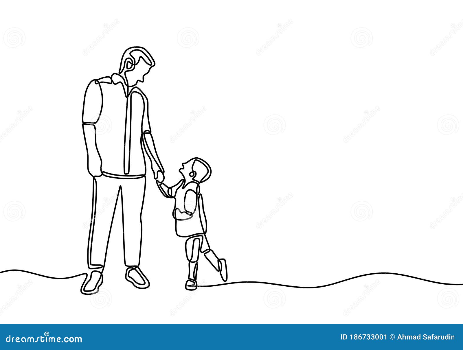 Continuous Line Drawing of Father and Son Holding Hands. Happy Young