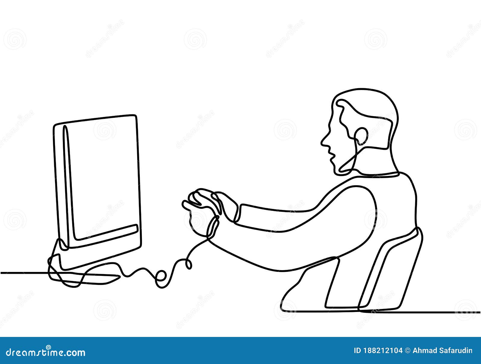 A young man with headset looking at monitor computer. Continuous one line  drawing of a gamer playing games with computer monitor, headphone, mouse,  and keyboard. Sparring game online concept 2099823 Vector Art