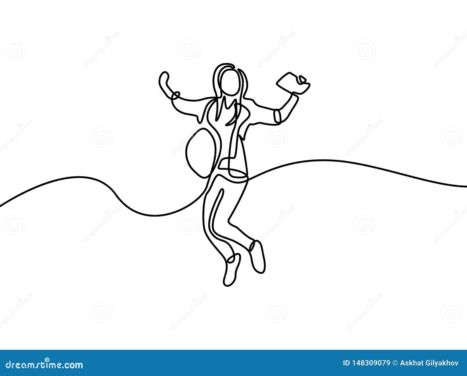Continuous Line Drawing Girl Jumping. One Line Student Girl Jumping