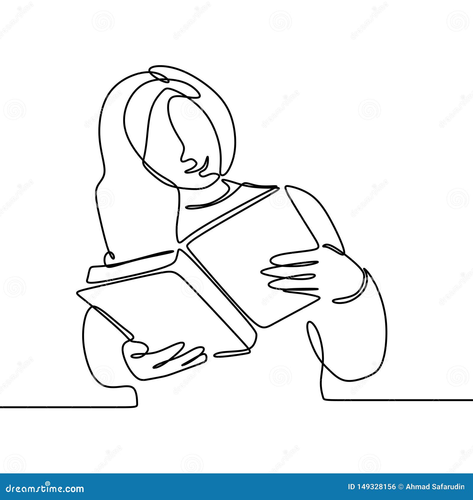 Continuous Line Drawing Of Girl Read Book Minimalist Design Stock